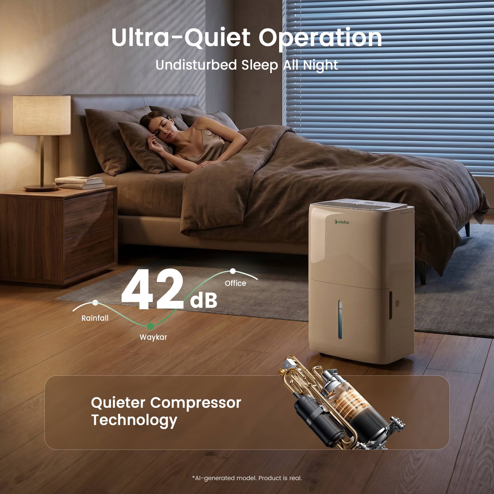 Ultra-Quiet Operation  
Undisturbed Sleep All Night  

42 dB  
Rainfall  
Waykar  
Office  

Quieter Compressor Technology  

*AI-generated model. Product is real.