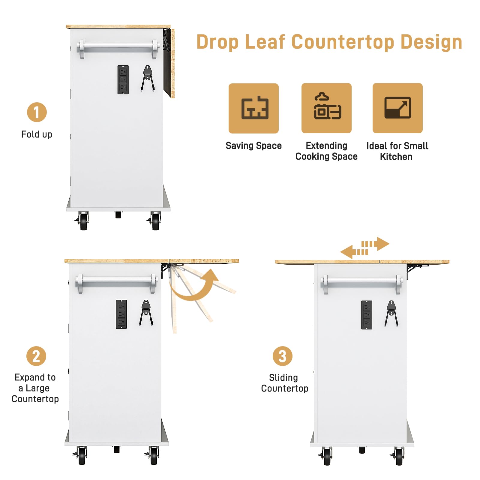 Drop Leaf Countertop Design

1. Fold up - Saving Space
2. Expand to a Large Countertop - Extending Cooking Space
3. Sliding Countertop - Ideal for Small Kitchen