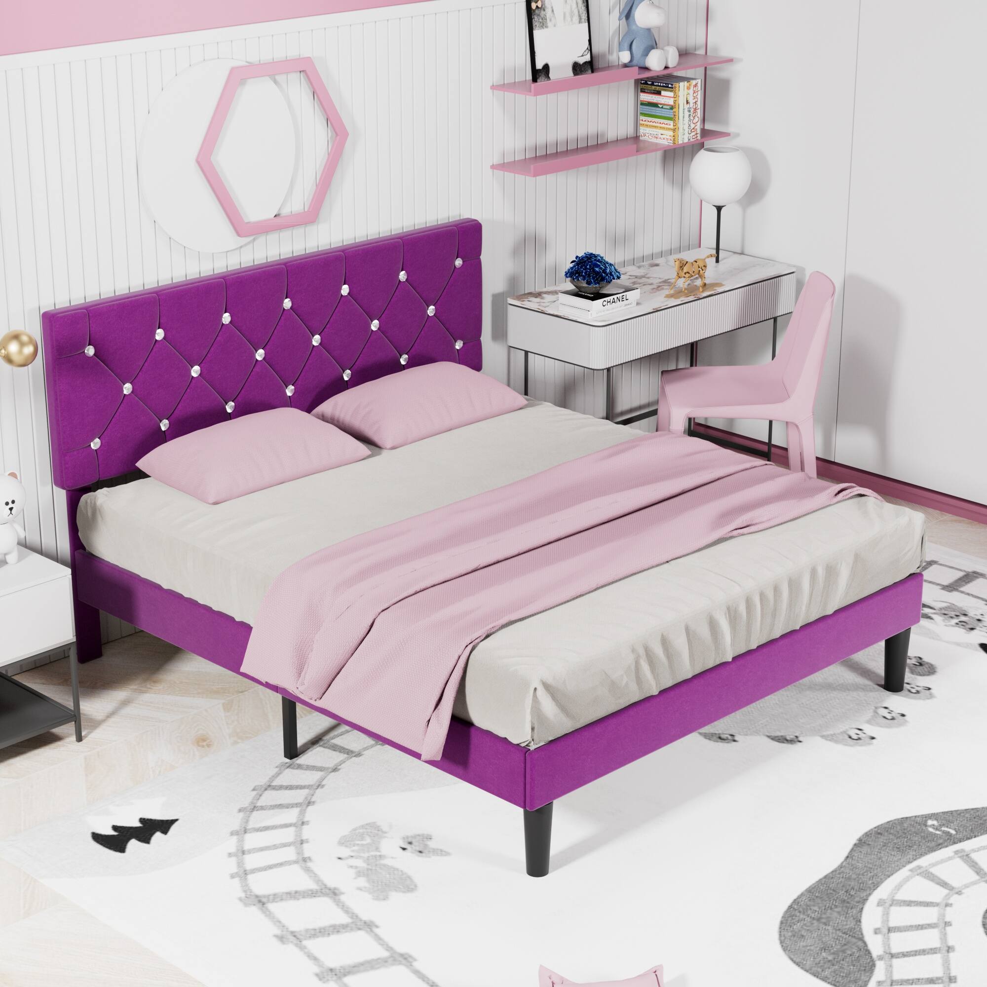 Alt View 1. Vecelo - Full Bed Frame with Upholstered Headboard, Heavy Duty Wooden Bed Slats - Noiseless Platform Bed, No Box Spring Required - Purple.