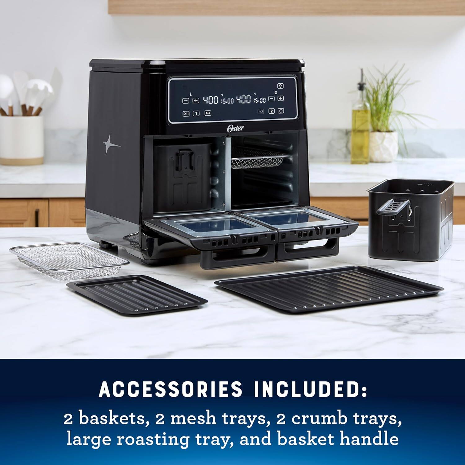 ACCESSORIES INCLUDED: 2 baskets, 2 mesh trays, 2 crumb trays, large roasting tray, and basket handle