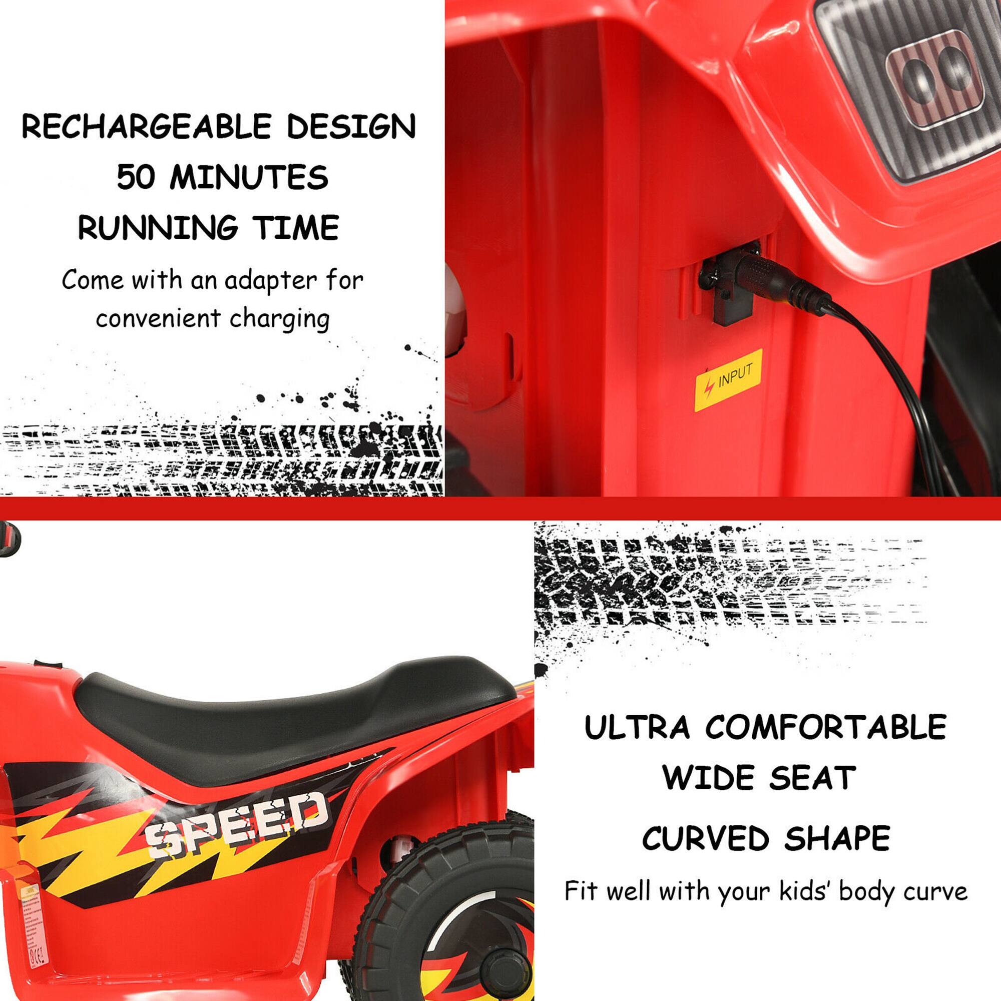 RECHARGEABLE DESIGN  
50 MINUTES RUNNING TIME  
Come with an adapter for convenient charging  

ULTRA COMFORTABLE WIDE SEAT  
CURVED SHAPE  
Fit well with your kids' body curve