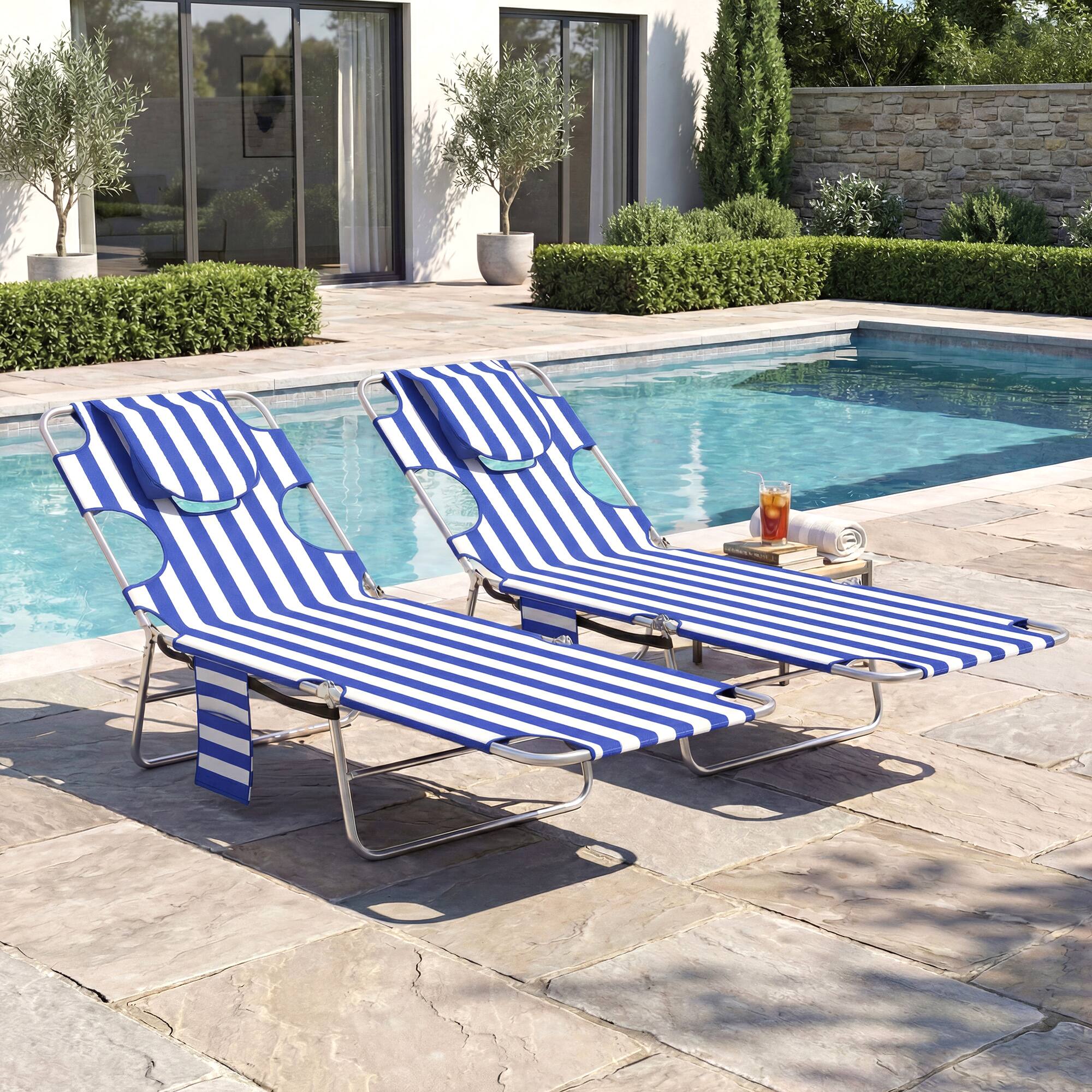 Alt View 7. Outsunny - Tanning Chairs with Face Hole, 5-Level Adjustable Outdoor Chaise Lounge Chair with Pillow for Beach, Pool - Blue Stripe.