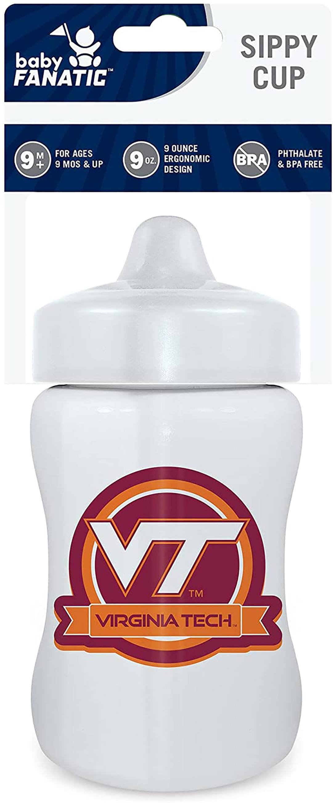 baby FANATIC SIPPY CUP  
M 9+ FOR AGES 9 MOS & UP  
9 OZ. ERGONOMIC DESIGN  
PHTHALATE & BPA FREE  
VIRGINIA TECH.