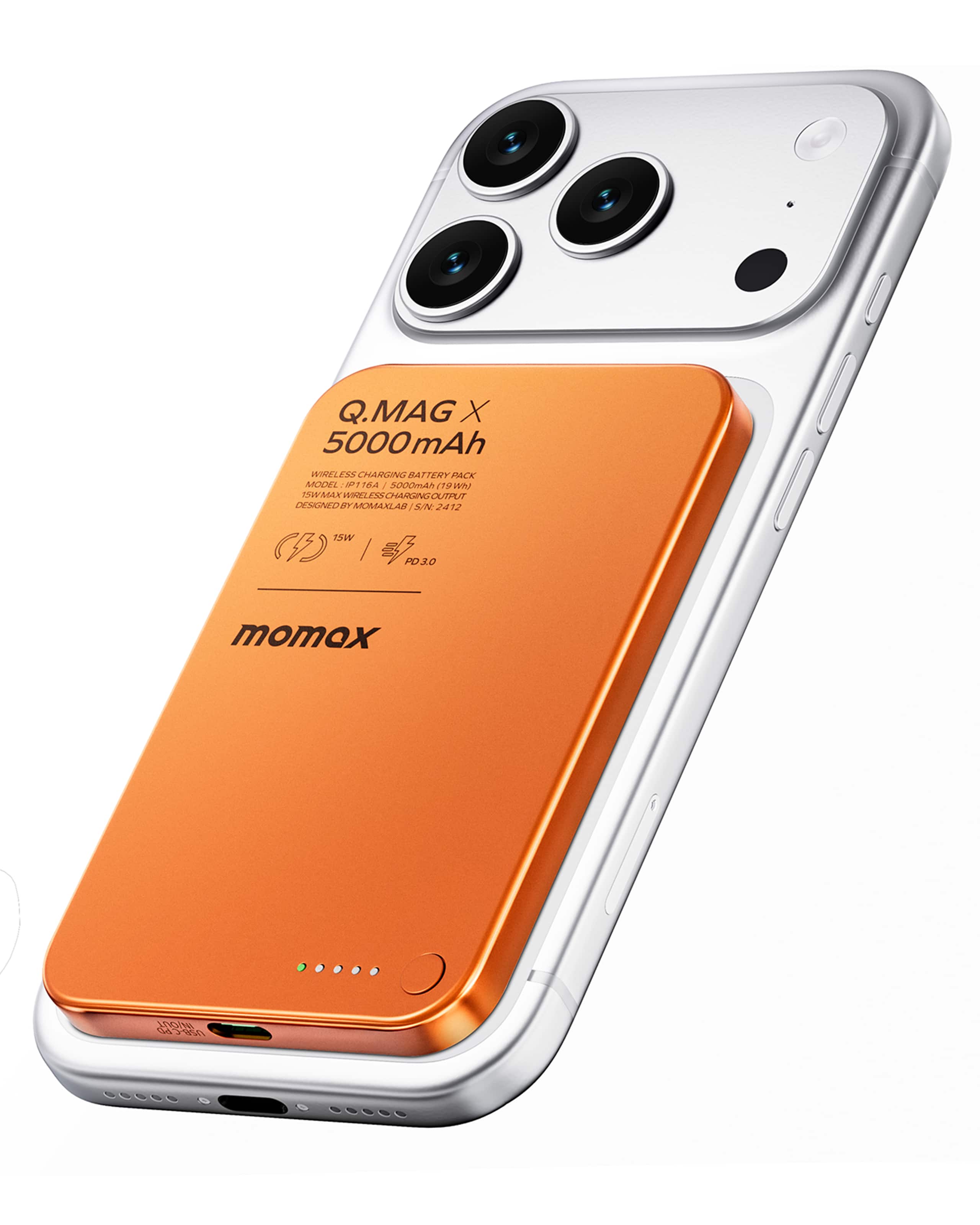 Momax - Ultra-Thin Magnetic Power Bank 5000mAh with 7.5W Wireless for iPhone & 20W with Cable Fast Charging - Orange