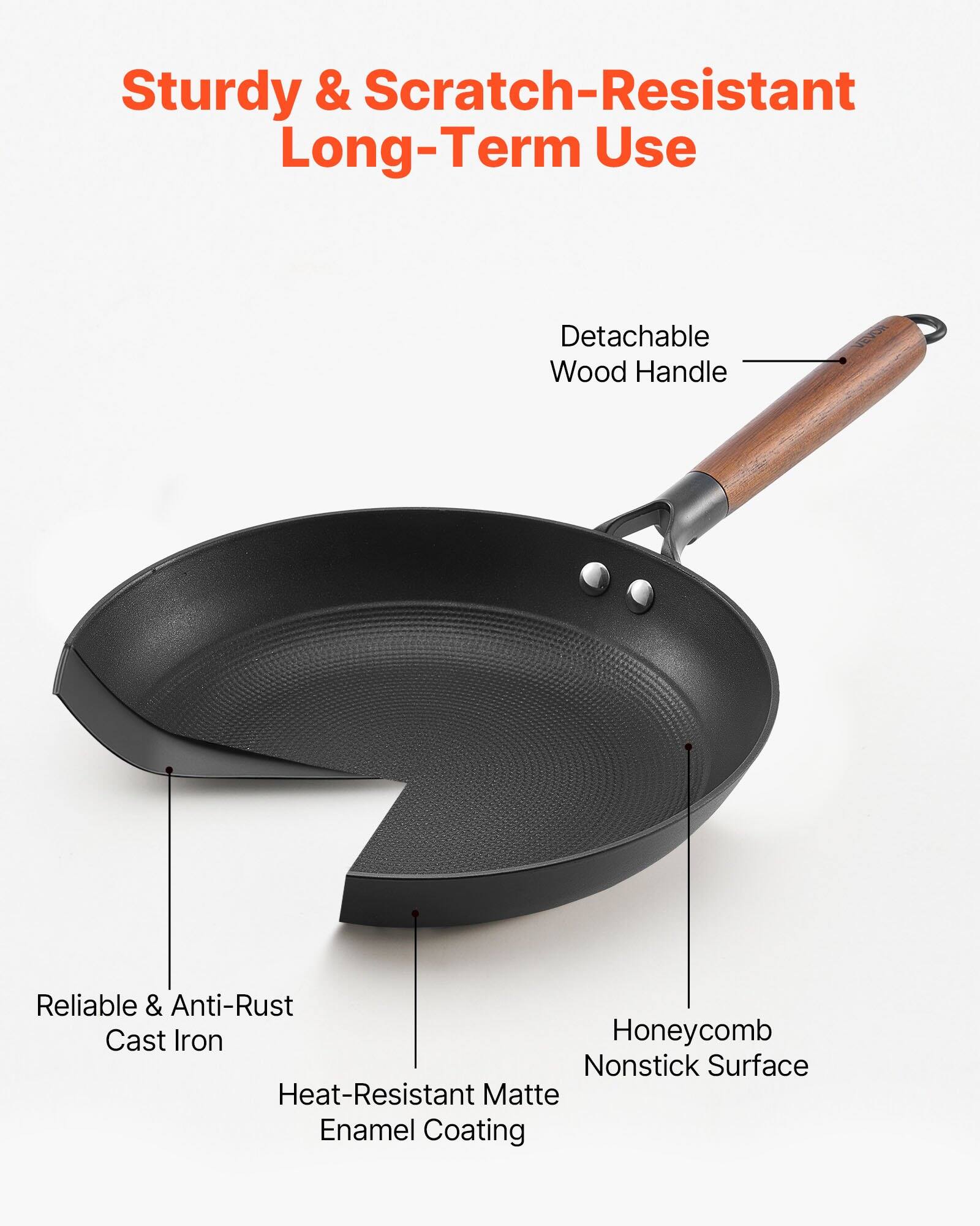 Sturdy & Scratch-Resistant Long-Term Use

- Detachable Wood Handle
- Reliable & Anti-Rust Cast Iron
- Heat-Resistant Matte Enamel Coating
- Honeycomb Nonstick Surface