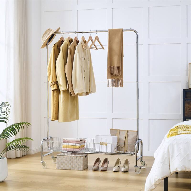 Alt View 5. ALEXOUN - Rolling Clothes Rack - Chrome, Metal Frame, Bottom Storage Shelf, 66.93" Height, 47.24" Length, 15.75" Width - Silver.