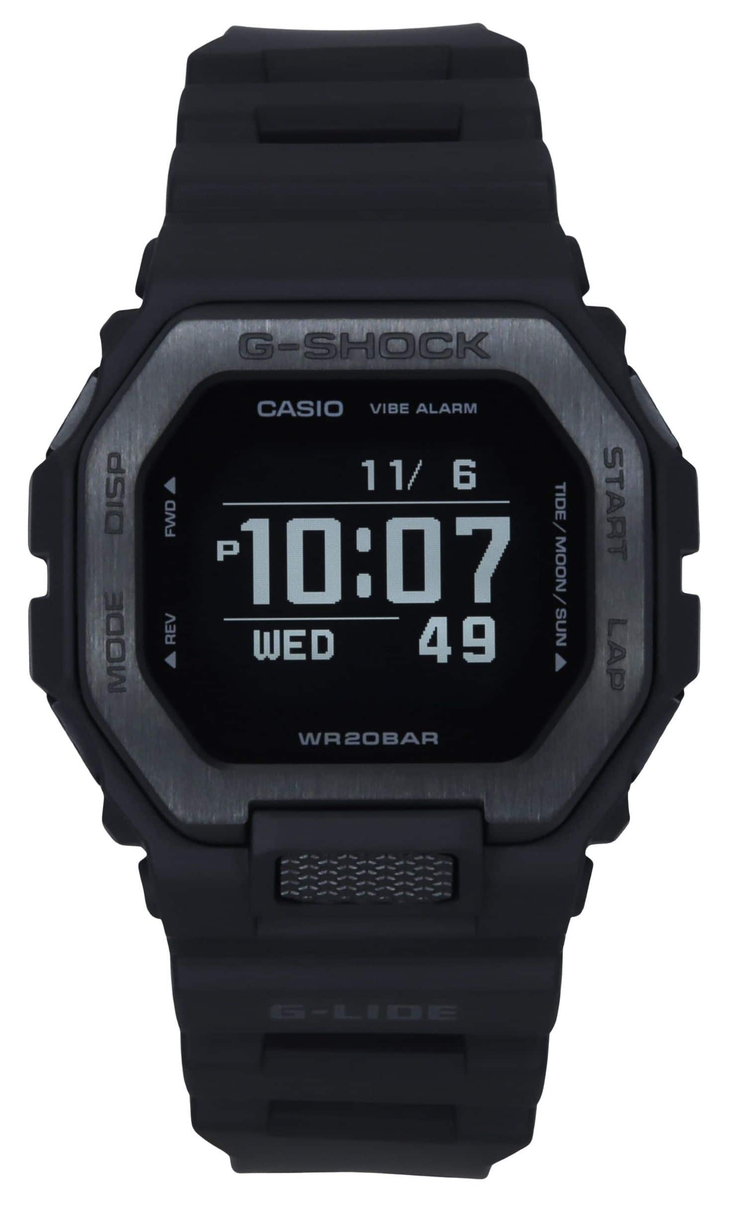 G-SHOCK CASIO VIBE ALARM  
11/6  
10:07  
WED 49  
TIDE/MOON/SUN  
WR20BAR  
START LAP  
G-LIDE