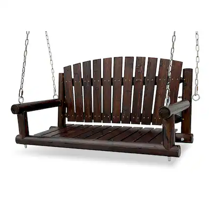 Front. Fortune Candy - 4 FT Rustic Fir Wood Porch Swing, Handcrafted Outdoor Hanging Bench, Heavy-Duty 900lbs for Patio Garden - Deep Brown.