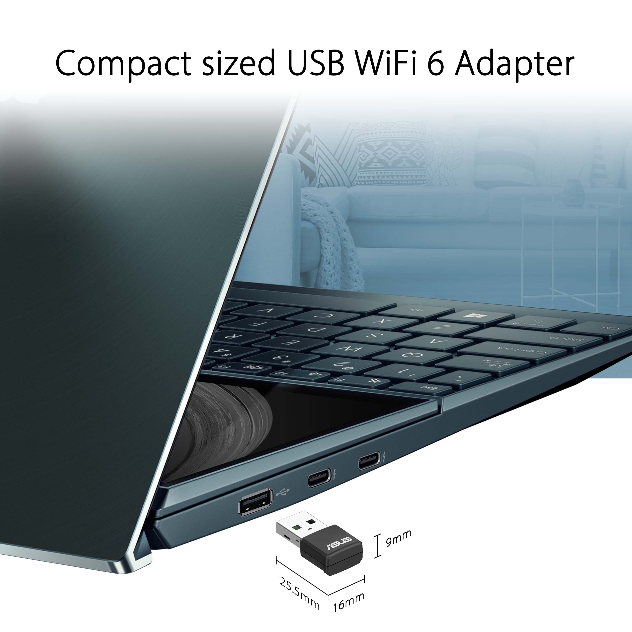 Compact sized USB WiFi 6 Adapter.