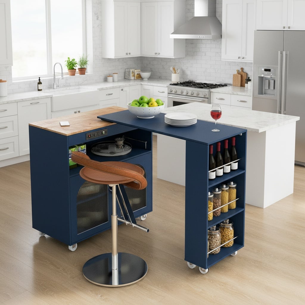Forest'nSky - Rolling Kitchen Island with Extendable Table – LED Lights, Power Outlets, 2 Doors & 3 Open Shelves - Navy Blue