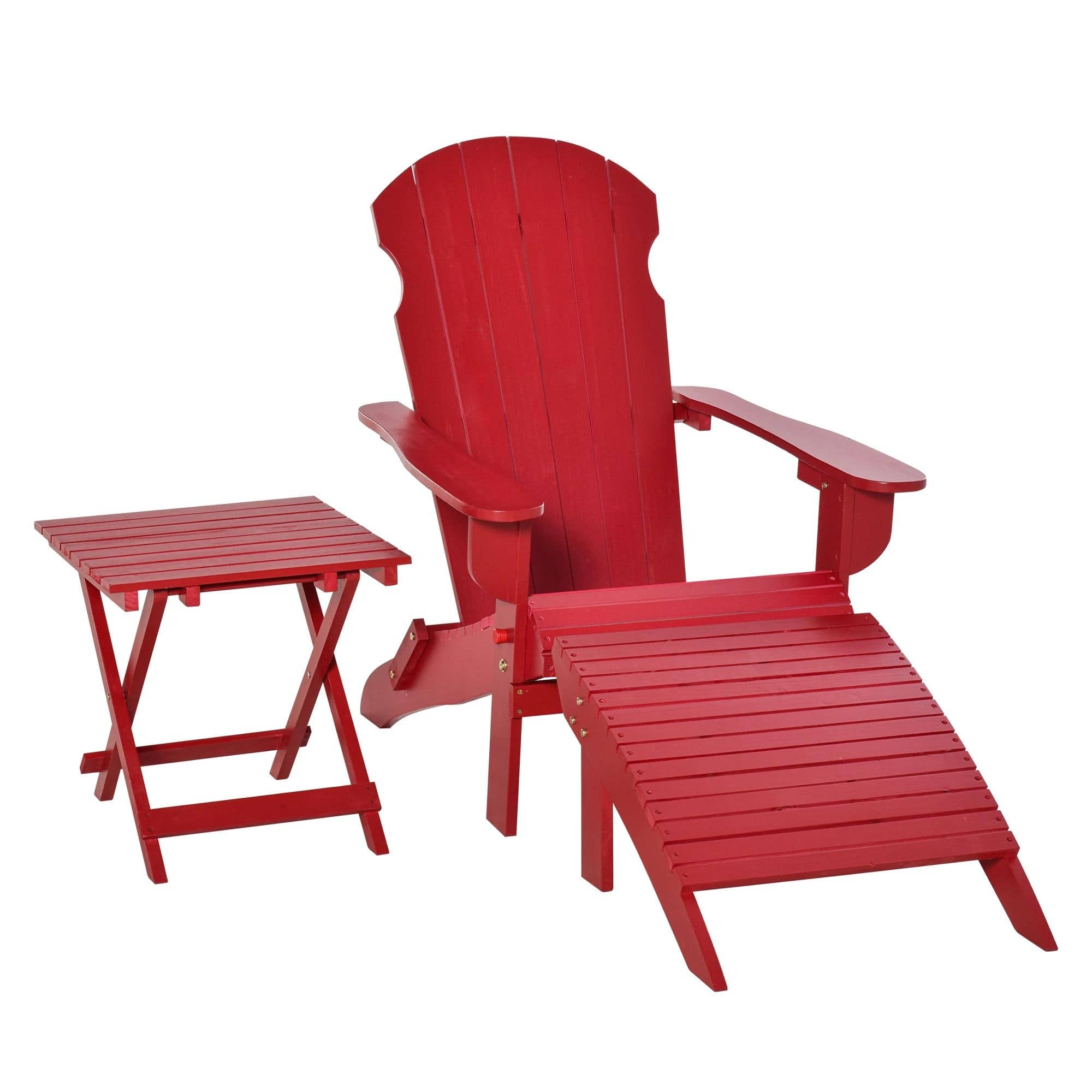 Resenkos - 3-Piece Folding Chair With Ottoman And Side Table, Outdoor Wooden Fire Pit Chairs w/ High-back - Red