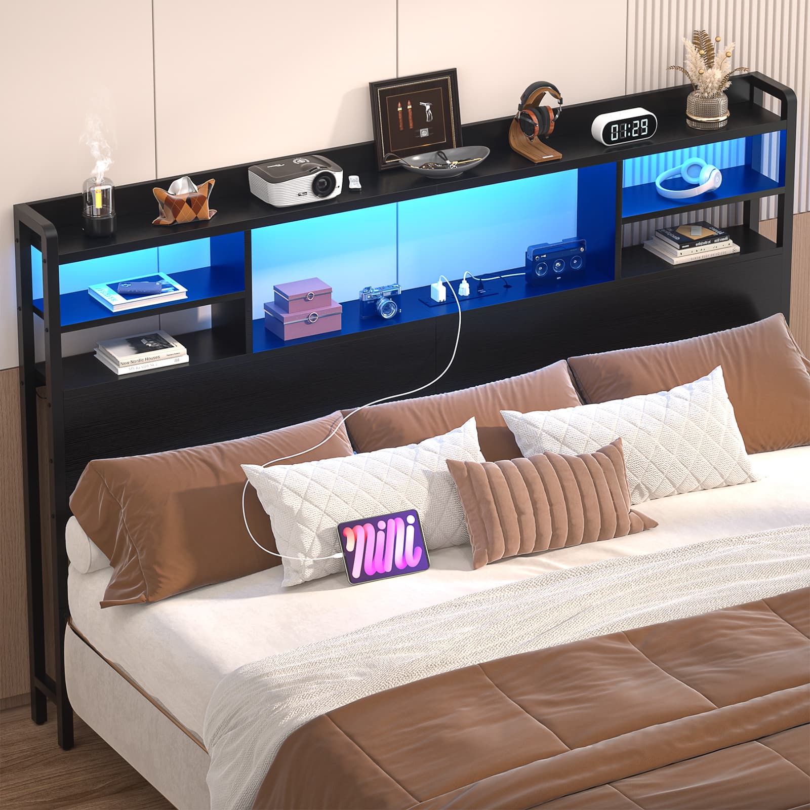 Aheaplus - Queen Size Headboard with Power Outlet and RGB LED Lights, Headboard with Storage Shelves - Black price history on PriceWatchPro