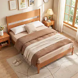 Costway - Queen Bed Frame with Headboard, Solid Wood Legs, 12 Slats, No Box Spring Needed - Warm Brown