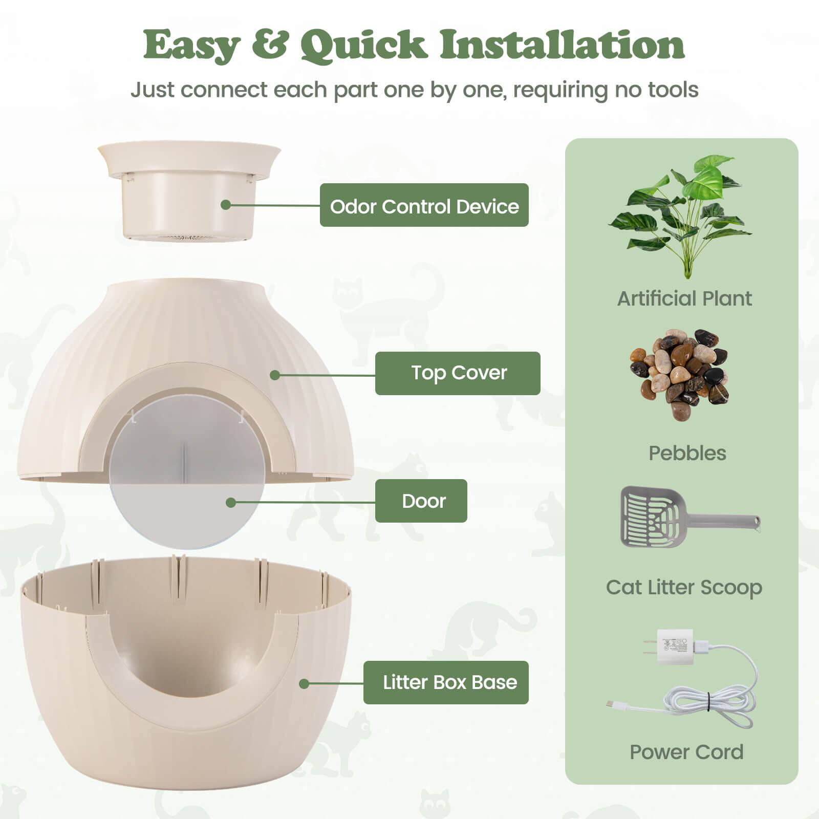 Easy & Quick Installation  
Just connect each part one by one, requiring no tools  

- Odor Control Device  
- Top Cover  
- Door  
- Litter Box Base  

- Artificial Plant  
- Pebbles  
- Cat Litter Scoop  
- Power Cord