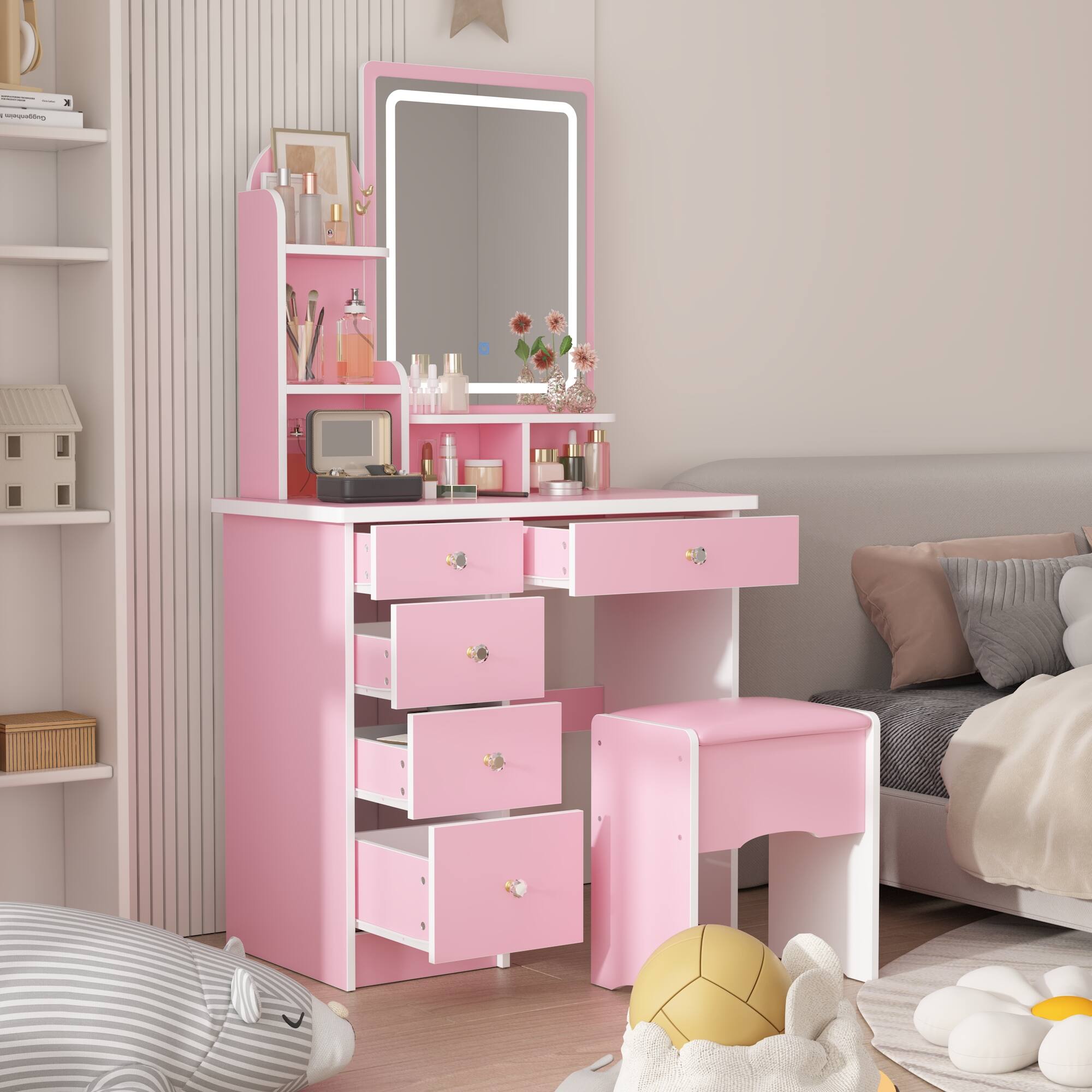 Alt View 7. Famapy - Vanity Table with LED Mirror Storage Dresser Drawers & Stool – Makeup Organizer for Bedroom - Pink.
