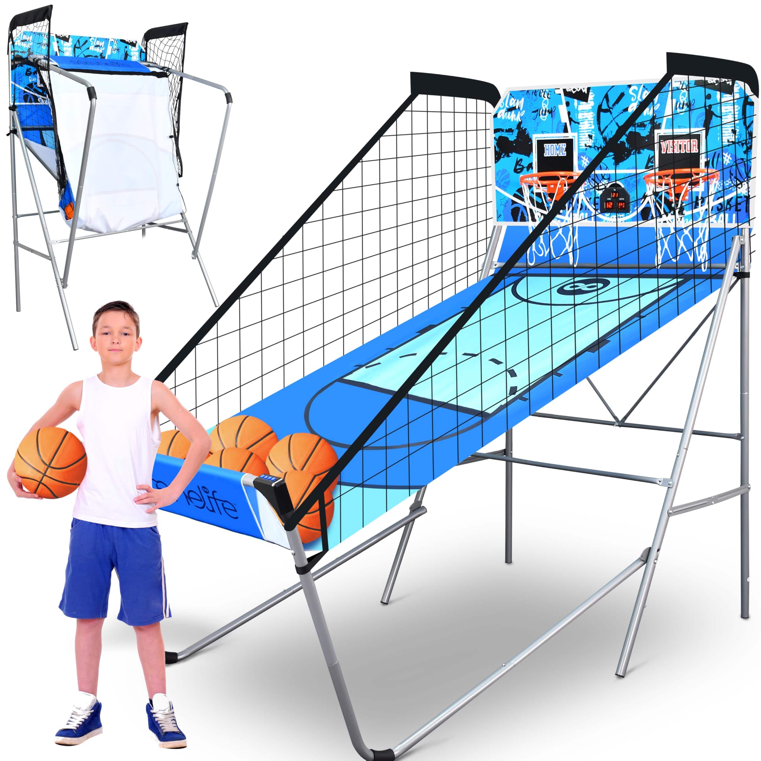 SereneLife - SLBSKBG110 Heavy Duty Dual Hoop Basketball Shootout, Pre-Assembled Frame, Scoreboard & Timer for Kids/Adults - Blue
