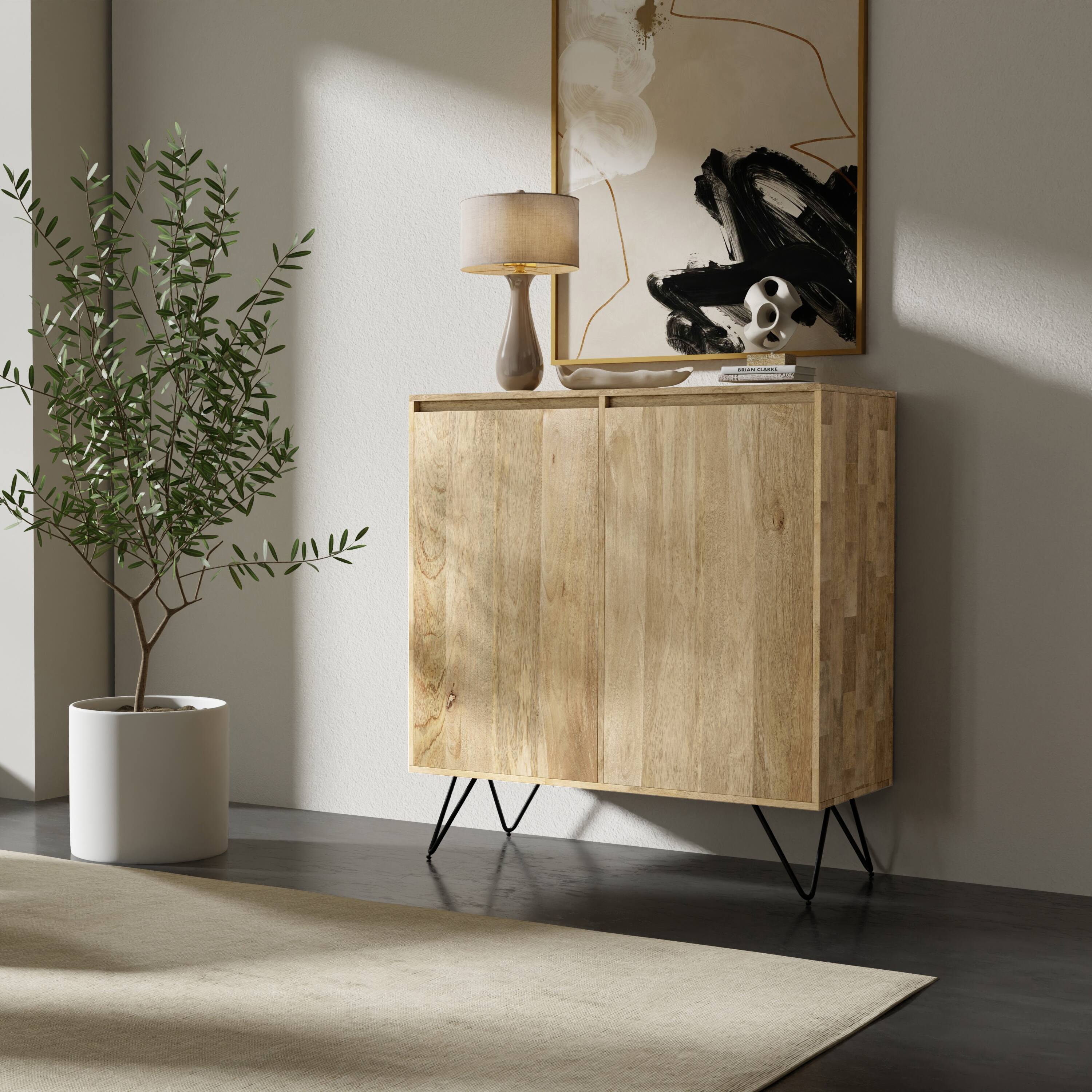 Angle. Simpli Home - Hunter SOLID MANGO WOOD and Metal 39 inchWide Modern Industrial Medium Storage Cabinet in Natural - Natural.