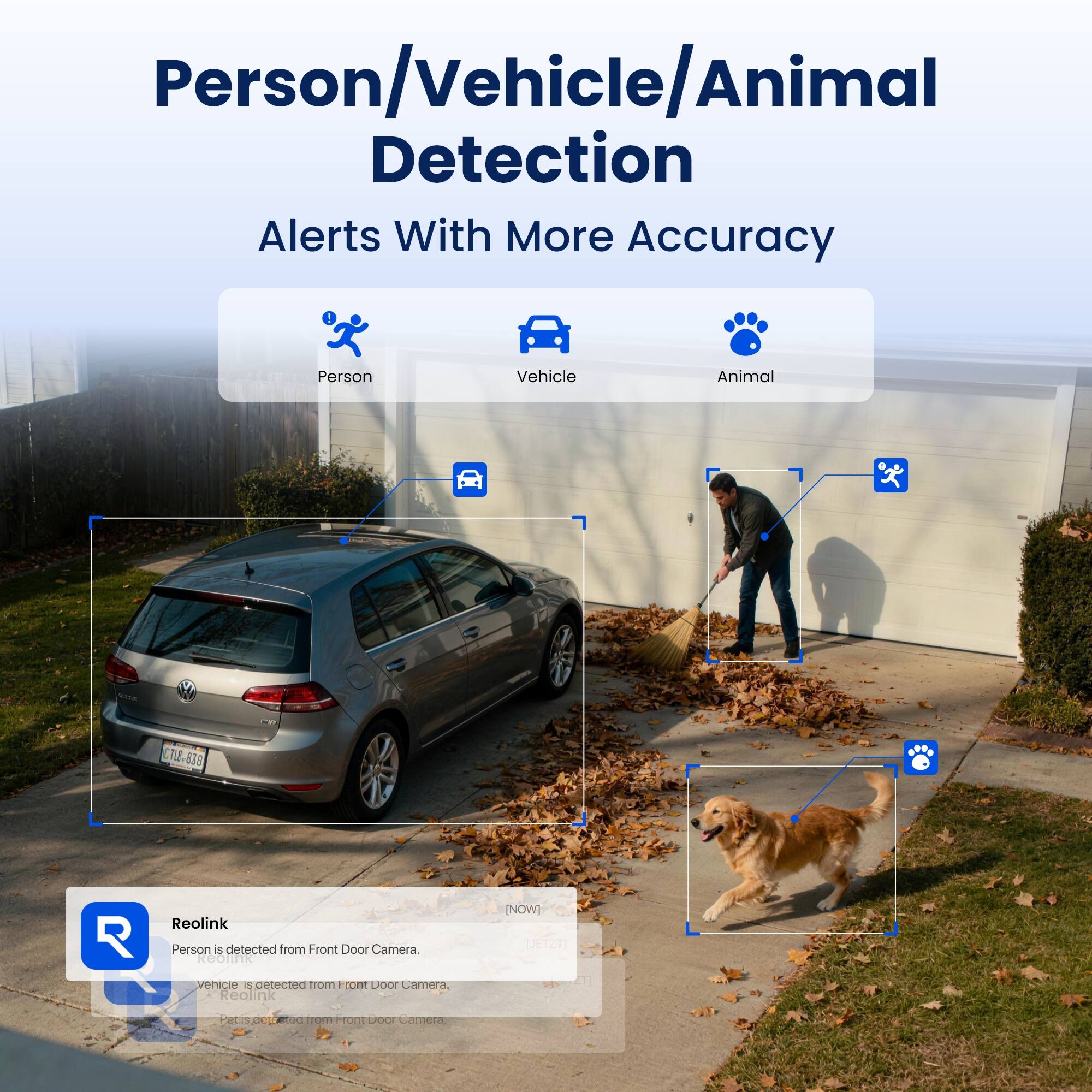 Person/Vehicle/Animal Detection Alerts With More Accuracy

Person
Vehicle
Animal

Reolink Person is detected from Front Door Camera.
Reolink Vehicle is detected from Front Door Camera.
Reolink Pet is detected from Front Door Camera.