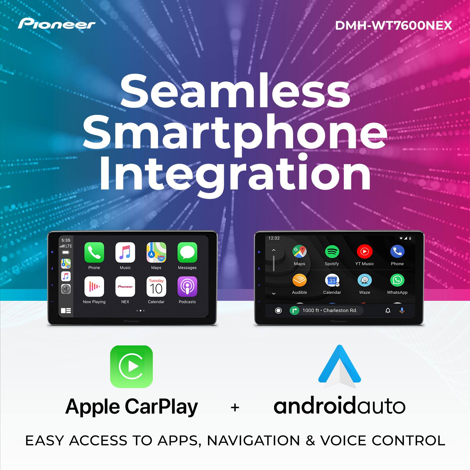 Pioneer DMH-WT7600NEX Seamless Smartphone Integration: Easy Access to Apps, Navigation & Voice Control.