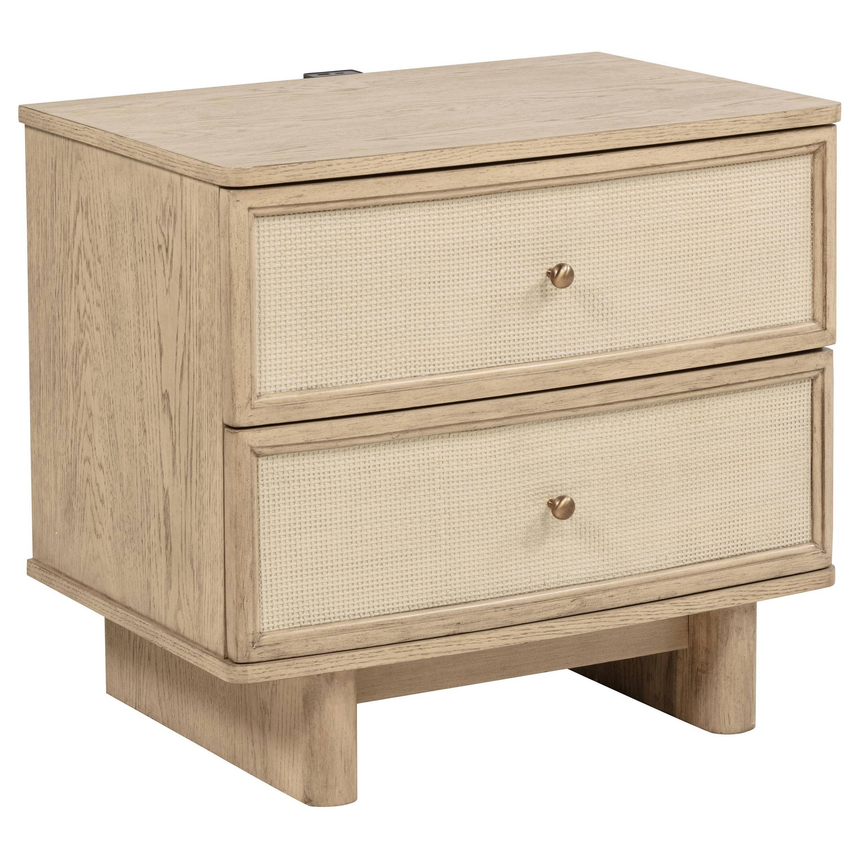 Front. Manhattan Lane - Lno Nightstand, 2 Cane Accent Drawers w Brass Knobs, USB, Oak Beige - Oak Beige.
