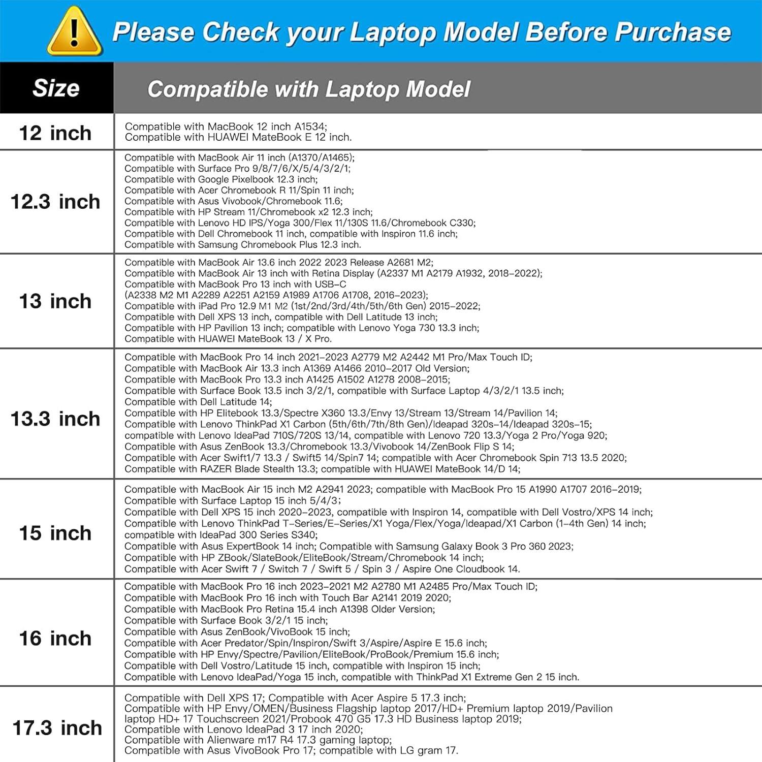 Please Check your Laptop Model Before Purchase

Size | Compatible with Laptop Model

12 inch
- Compatible with MacBook 12 inch (A1534)
- Compatible with HUAWEI MateBook E 12 inch
- Compatible with MacBook Air 11 inch (A1370/A1465)
- Compatible with Surface 9/8/7/6/X/5/4/3/2/1
- Compatible with Google Pixelbook
- Compatible with Chromebook 11/Spin 12.3 inch
- Compatible with Asus Vivobook/Chromebook 11.6
- Compatible with HP Stream 11.6 inch
- Compatible with Lenovo HD IPS/Yoga 300/Flex 11/130S 1.6
- Compatible with Dell Chromebook 11/13.3 inch
- Compatible with Samsung Chromebook Plus 12.3 inch

12.3 inch
- Compatible with MacBook Air 13 inch with Retina Display (A2338 M1 2016-2023)
- Compatible with MacBook Air 13.3 inch (A233