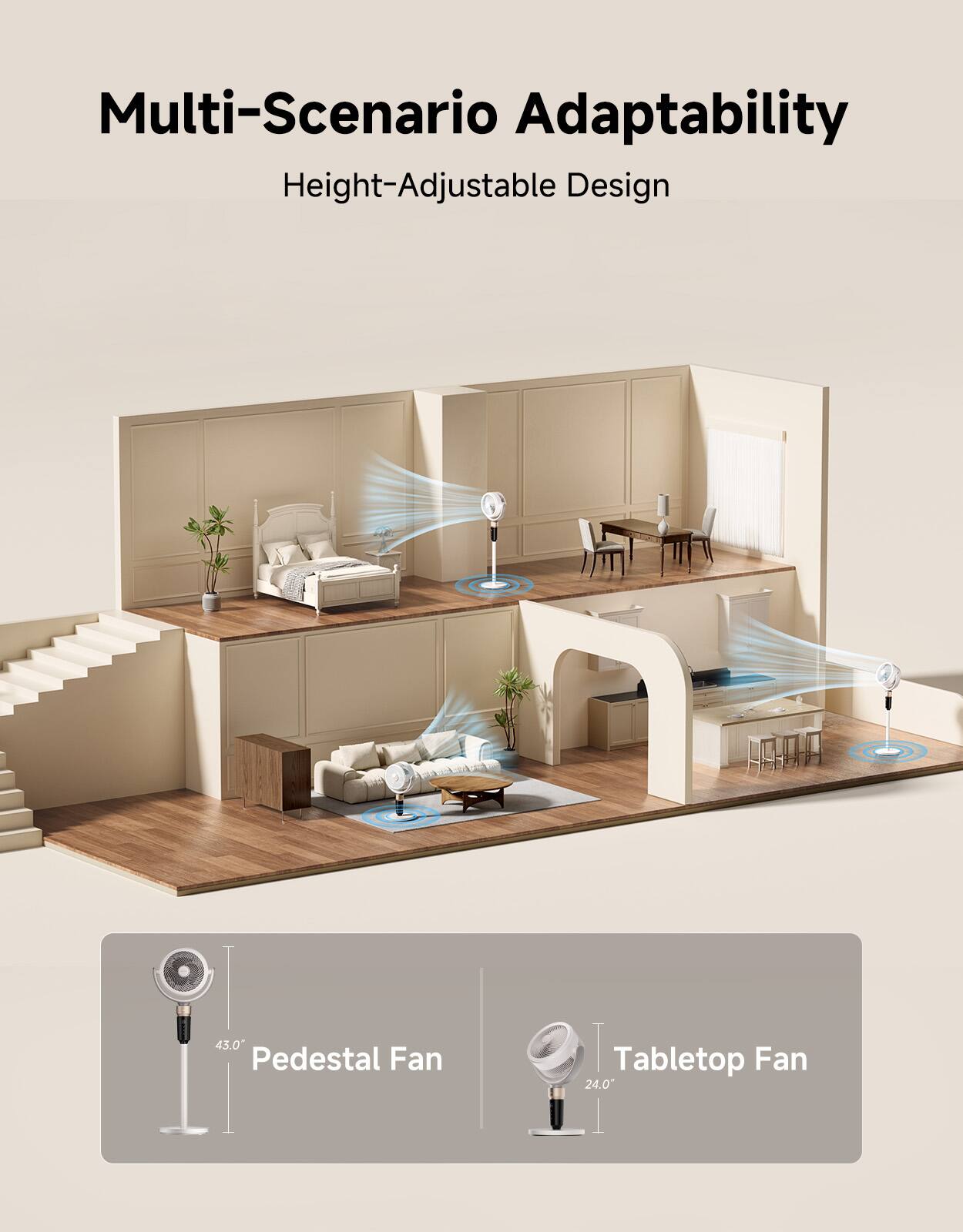 Multi-Scenario Adaptability  
Height-Adjustable Design  
43.0" Pedestal Fan  
24.0" Tabletop Fan
