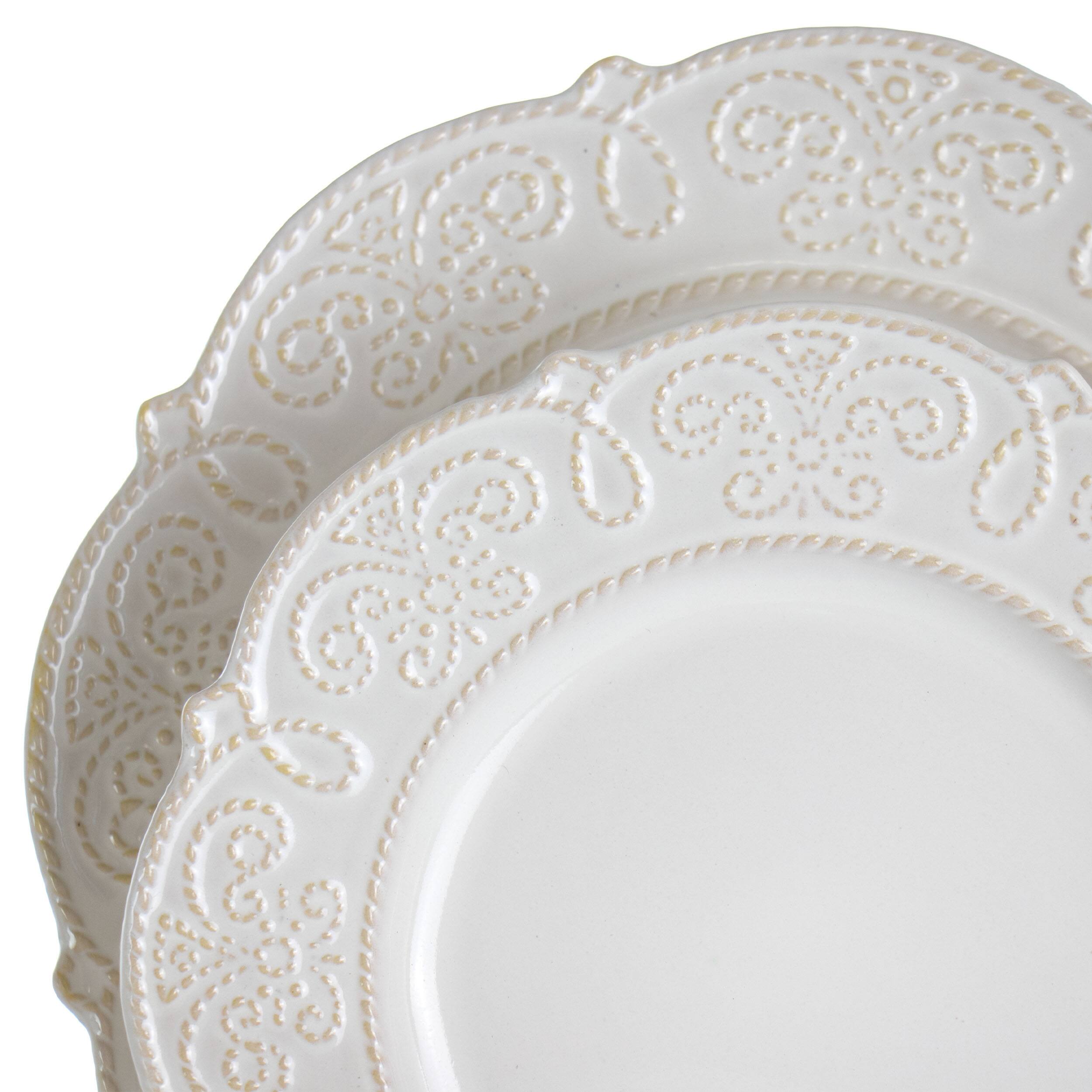 Alt View 5. Elama - Elama Luna 16 Piece Embossed Scalloped Stoneware Dinnerware Set in White - White.