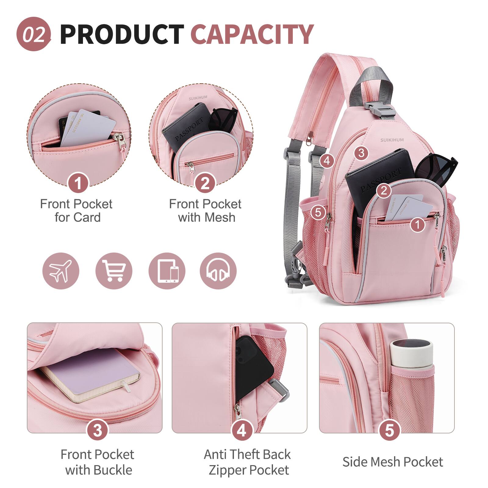 02 PRODUCT CAPACITY

1. Front Pocket for Card
2. Front Pocket with Mesh
3. Front Pocket with Buckle
4. Anti Theft Back Zipper Pocket
5. Side Mesh Pocket