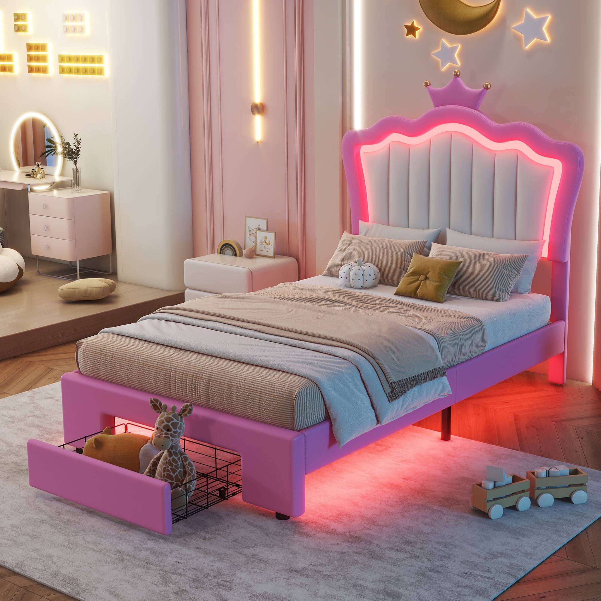 Front. GOODSILO - Twin Size Upholstered Platform Bed with LED Lighting and Storage Drawer, Modern Crown Headboard Design for Bedroom Decor - Pink+White.