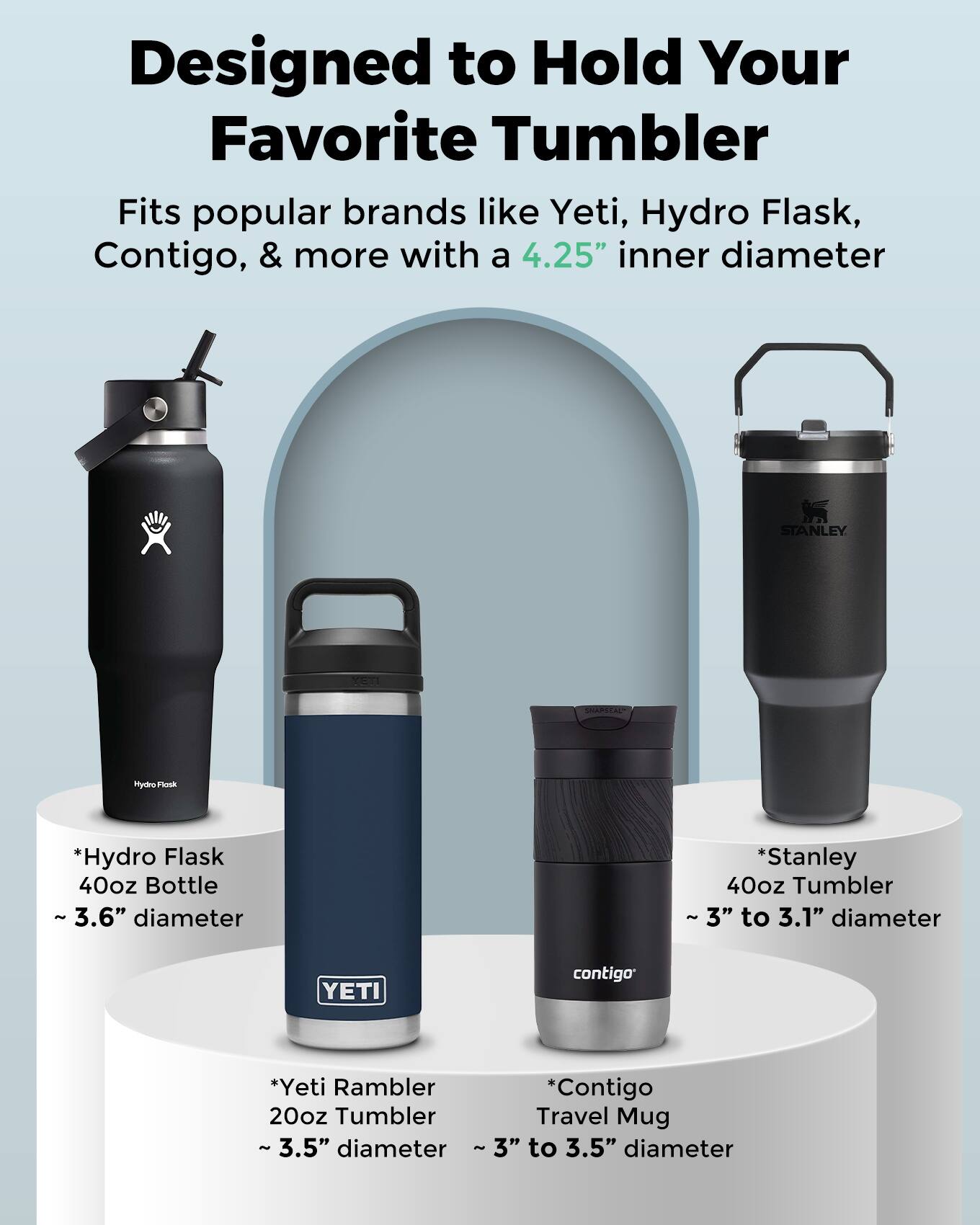 Designed to Hold Your Favorite Tumbler

Fits popular brands like Yeti, Hydro Flask, Contigo, & more with a 4.25" inner diameter

*Hydro Flask 40oz Bottle - 3.6" diameter
*Stanley 40oz Tumbler - 3" to 3.1" diameter
*Yeti Rambler 20oz Tumbler - 3.5" diameter
*Contigo Travel Mug - 3" to 3.5" diameter