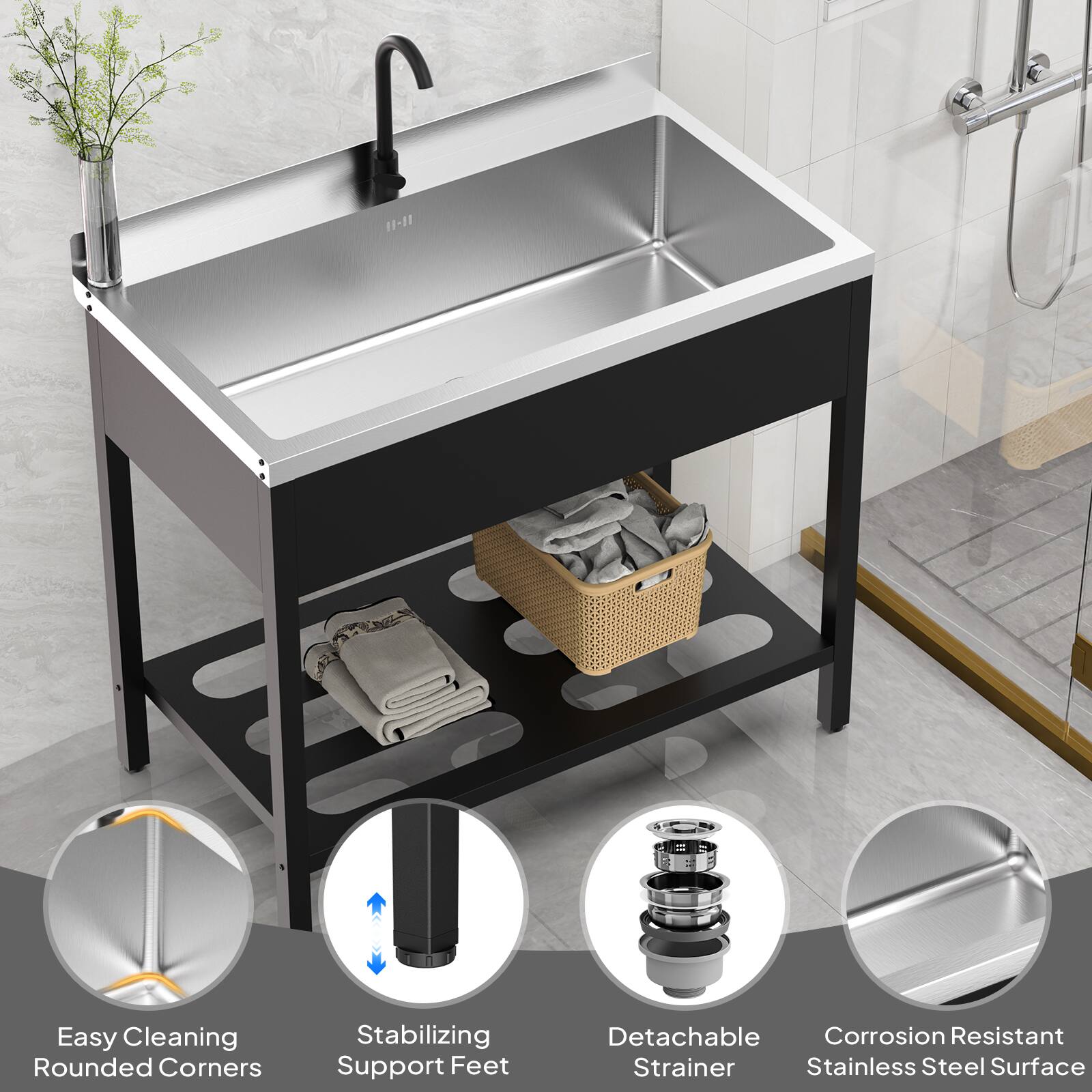 11-11

Easy Cleaning Rounded Corners
Stabilizing Support Feet
Detachable Corrosion Resistant Strainer
Stainless Steel Surface