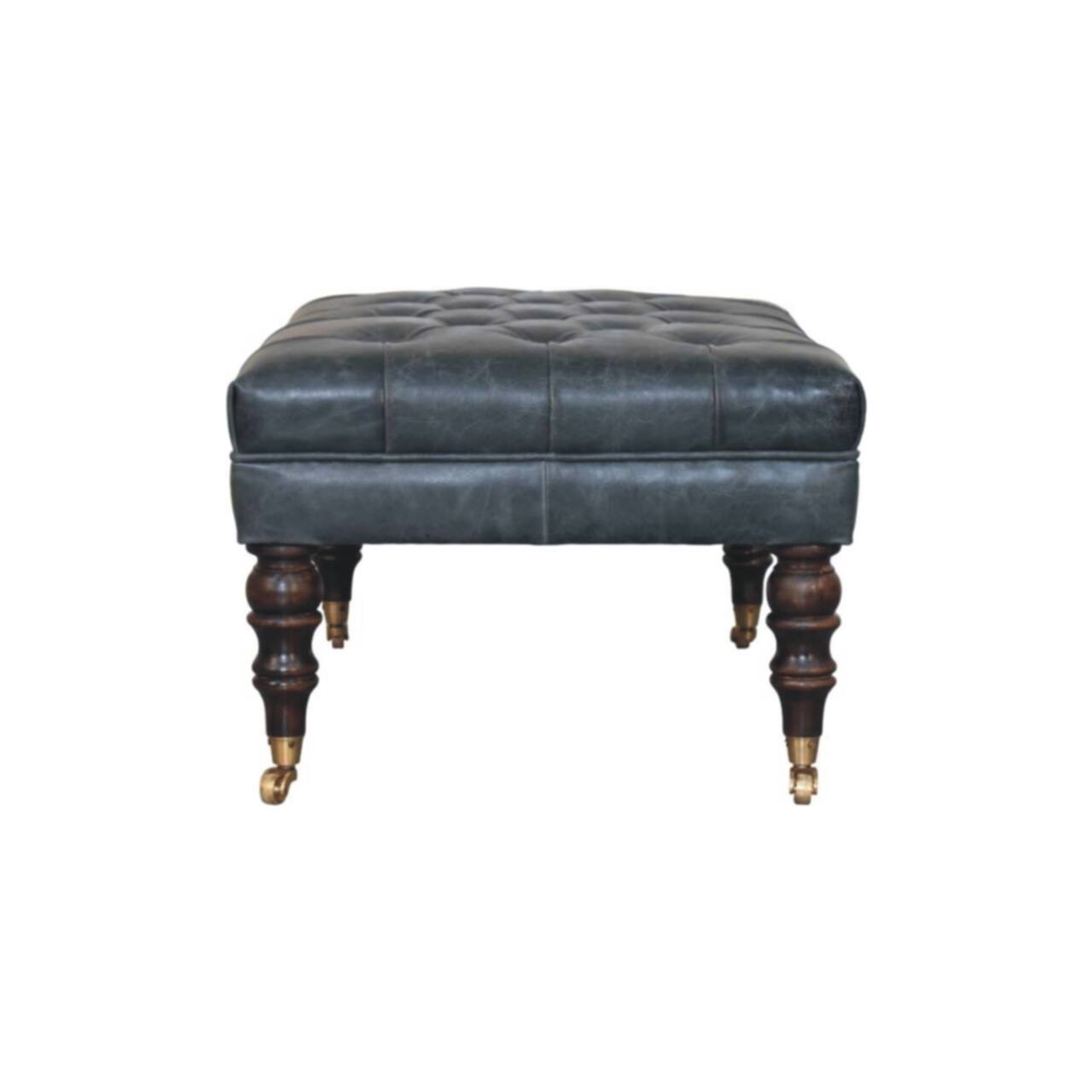 Alt View 5. Artisan Furniture - Artisan Furniture Solid Wood Buffalo Teal Leather Ottoman with Castor Legs, Upholstered, Black Color - Black.