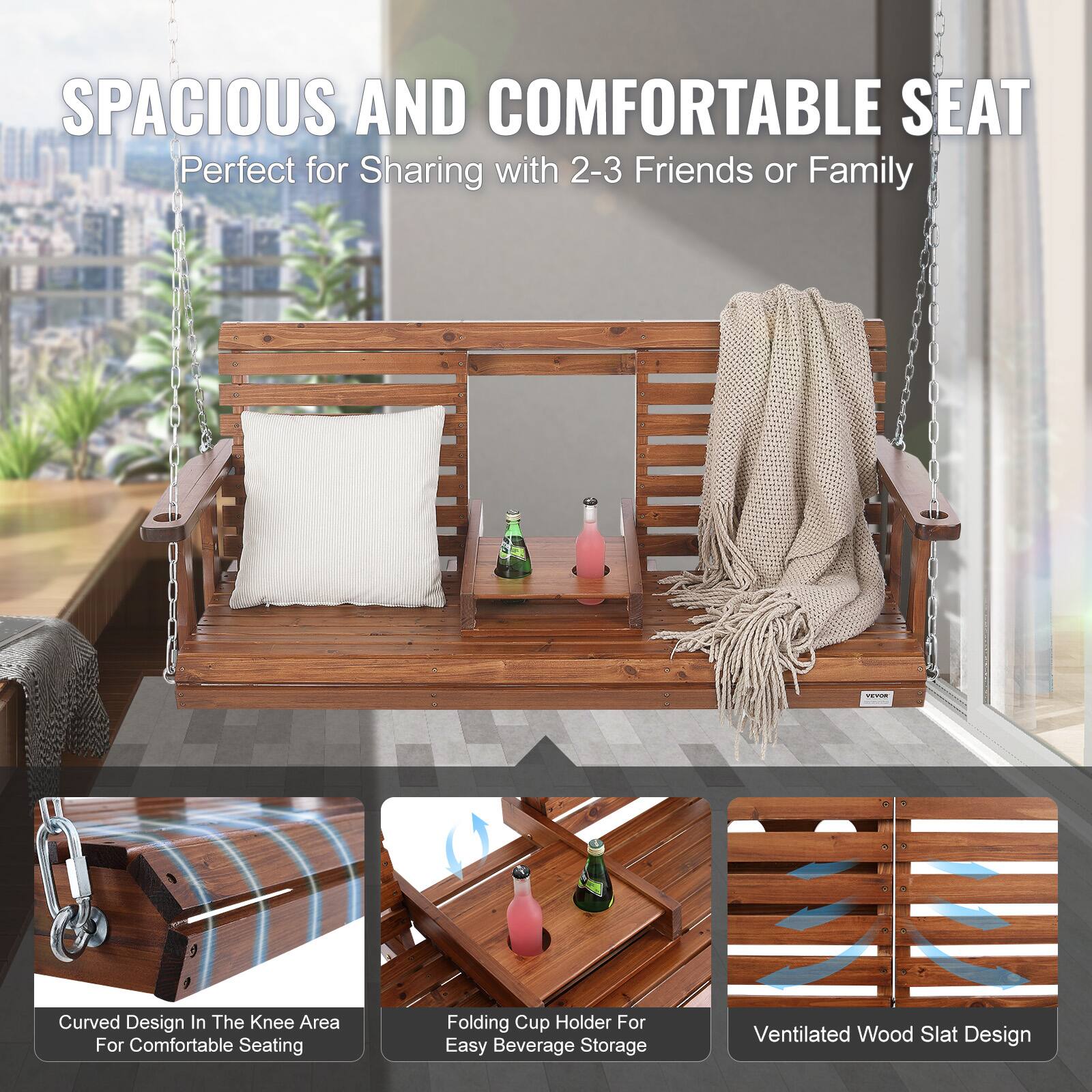 SPACIOUS AND COMFORTABLE SEAT
Perfect for Sharing with 2-3 Friends or Family

- Curved Design in the Knee Area for Comfortable Seating
- Folding Cup Holder for Easy Beverage Storage
- Ventilated Wood Slat Design