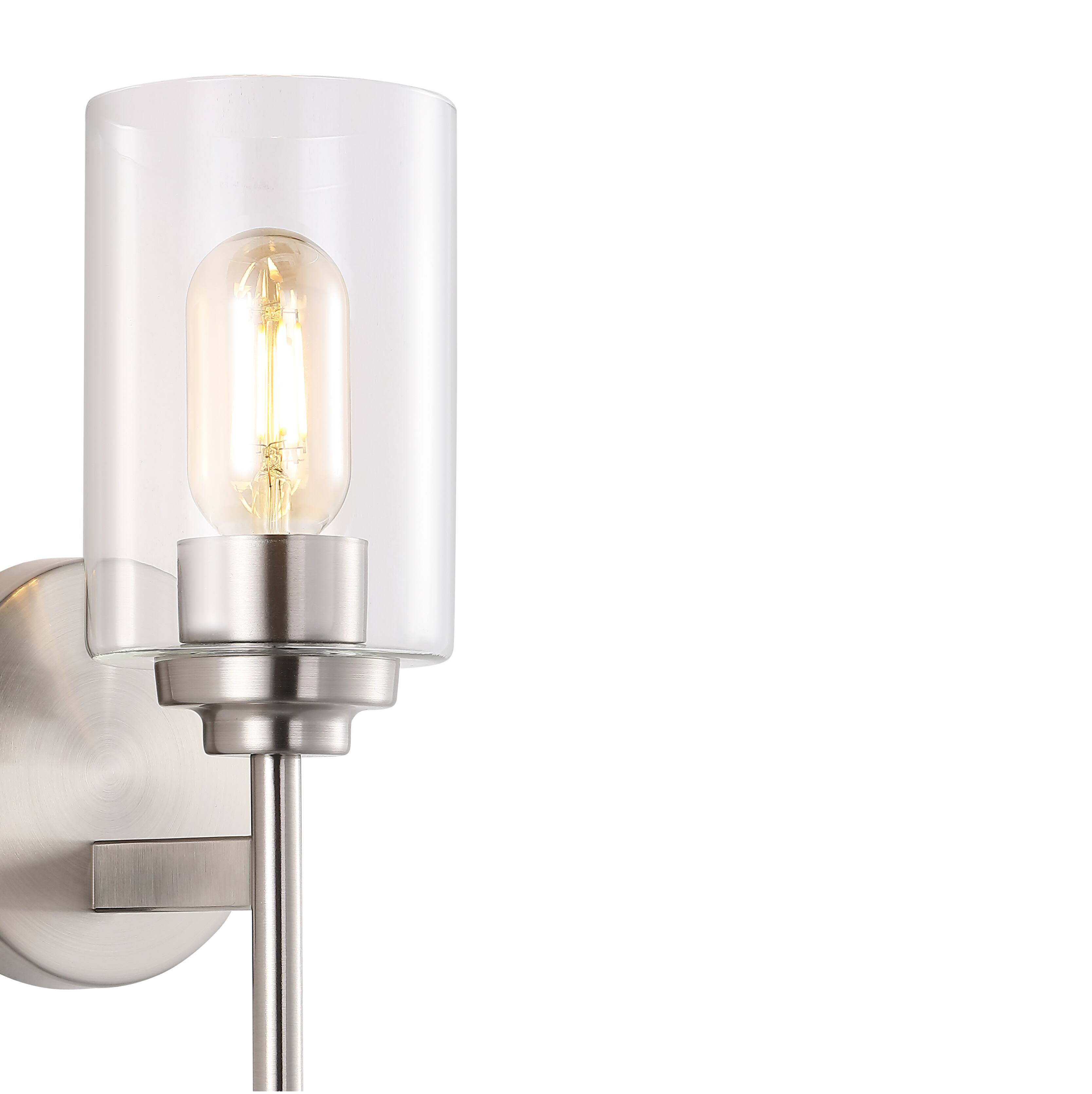 Alt View 3. Jonathan Y - Juno 13" 1-Light Farmhouse Industrial Metal/Glass Cylinder LED Sconce, Nickel/Clear - Nickel.