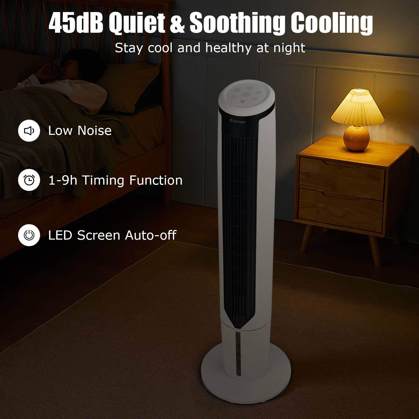 45dB Quiet & Soothing Cooling: Stay cool and healthy at night with this quiet and soothing cooling device. It features a low noise setting and a 1-9h timing function for added convenience. The LED screen also has an auto-off function for added safety.