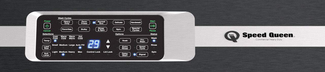 Here is the corrected and grouped text based on the image:

**Wash Cycles:**
- Heavy
- Perm
- Normal
- Delicate
- Handwash
- Duty
- Press
- Eco
- Favorites
- Rinse & Spin
- Special
- Bulky
- Spin Cycles

**Options:**
- Soak
- Pre-Wash
- Soak Cycle
- Rinse
- Spin
- Delay Start

**Temperature:**
- Cold
- Warm
- Hot

**Load Size:**
- Small
- Medium
- Large
- Auto Fill

**Additional Features:**
- 29 Extra Speed
- Control Lock
- Lid Lock
- Soll Delay
- Level

**Start/Status:**
- Start
- Pause
- Status

**Other:**
- Queen
- Commercial Heavy Duty