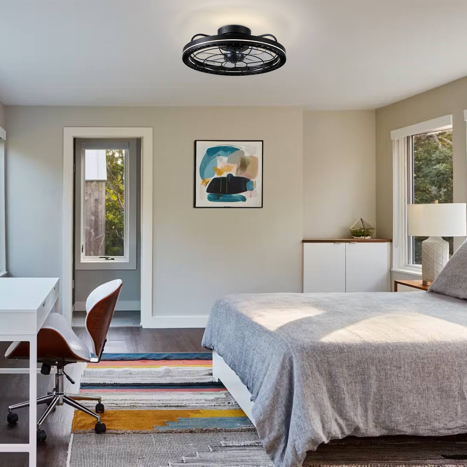 Alt View 4. Siljoy - 18.9-inch Black Iron Cage Flush Mount LED Ceiling Fan, 6-Speed Reversible Fan with Remote  APP for Bedroom Living Room - Black.