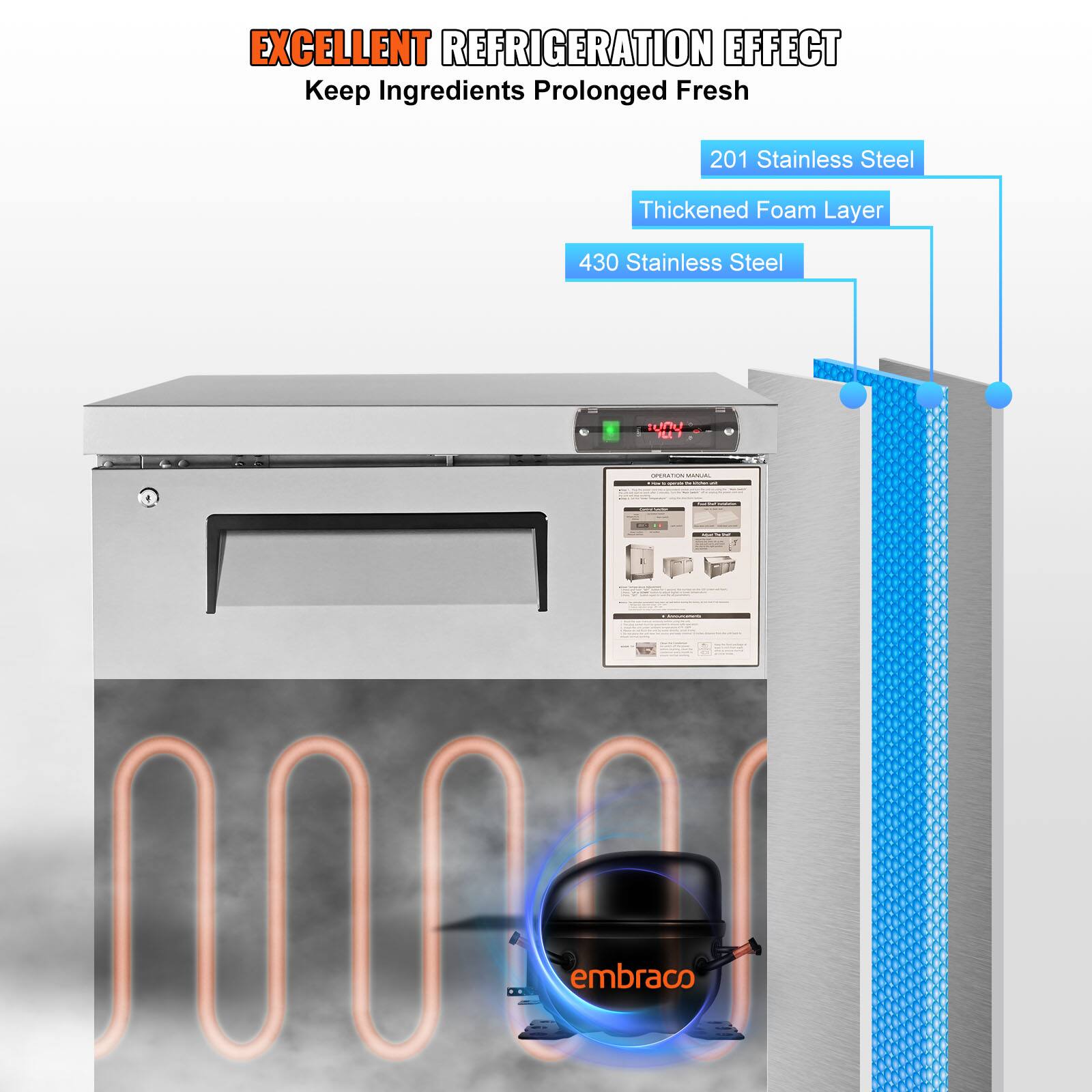**EXCELLENT REFRIGERATION EFFECT**  
Keep Ingredients Prolonged Fresh  

- 201 Stainless Steel  
- Thickened Foam Layer  
- 430 Stainless Steel  

**embraco**