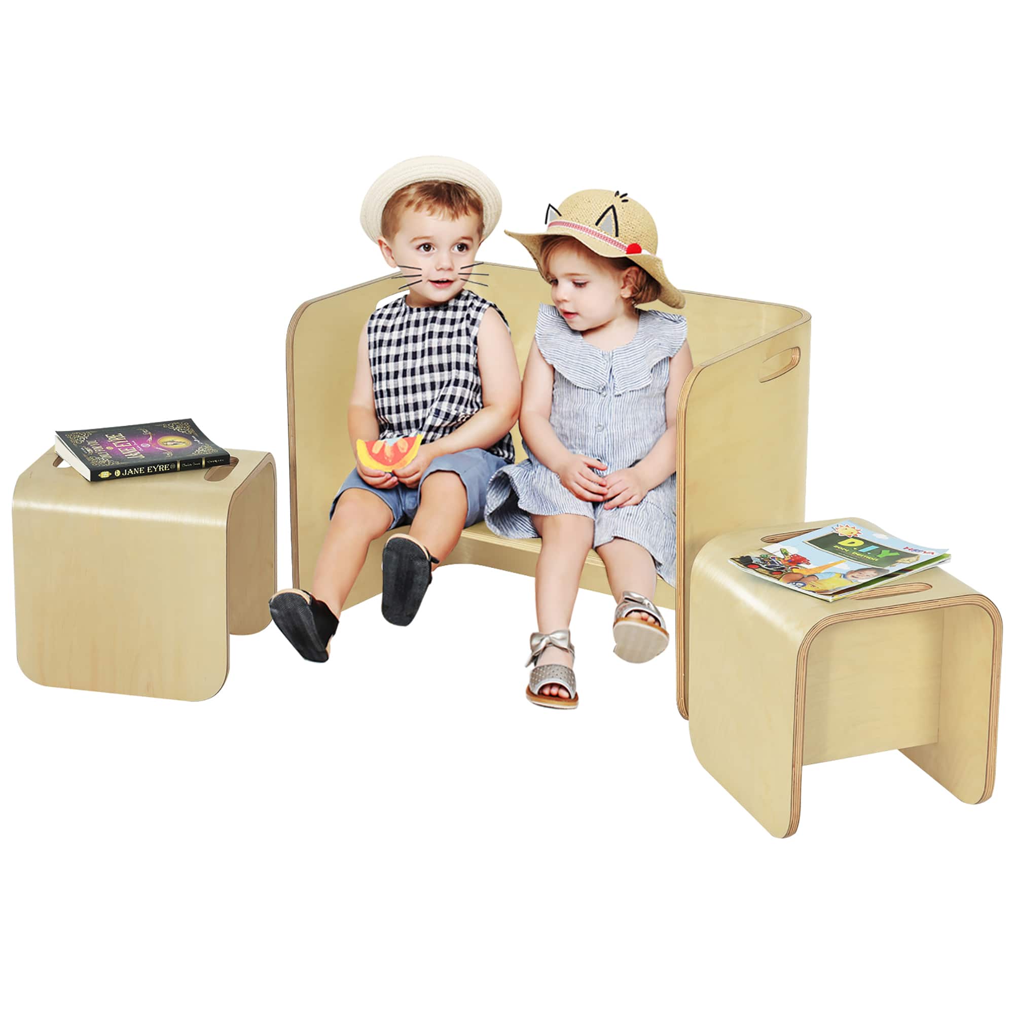 Costway - 3 Piece Kids Wooden Table & Chair Set Children Multipurpose Homeschool Furniture - Natural