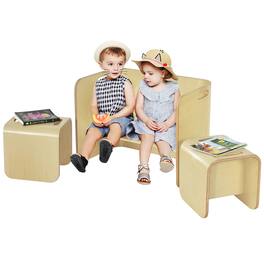 Costway - 3 Piece Kids Wooden Table & Chair Set Children Multipurpose Homeschool Furniture - Natural