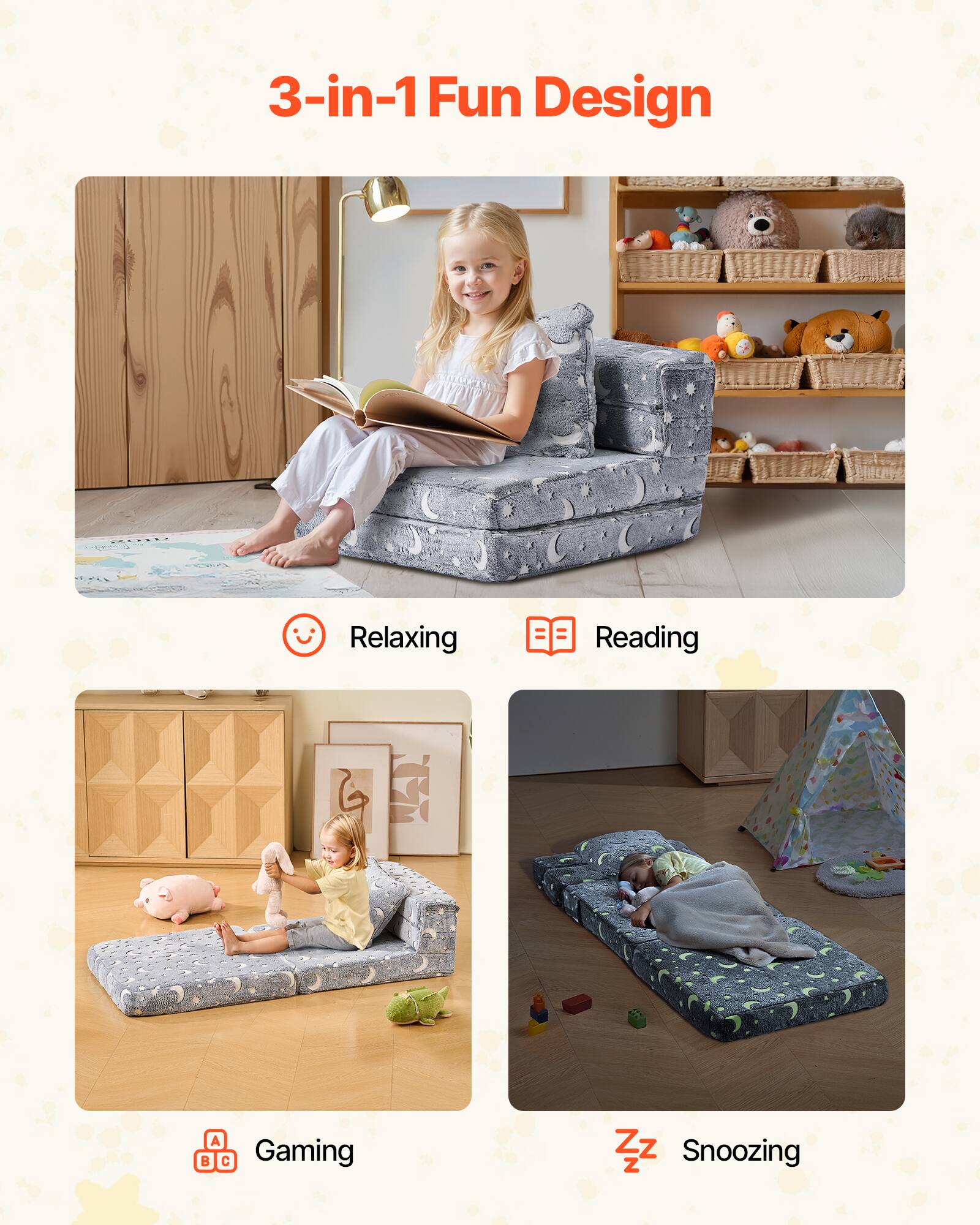 3-in-1 Fun Design

- Relaxing
- Reading
- Gaming
- Snoozing