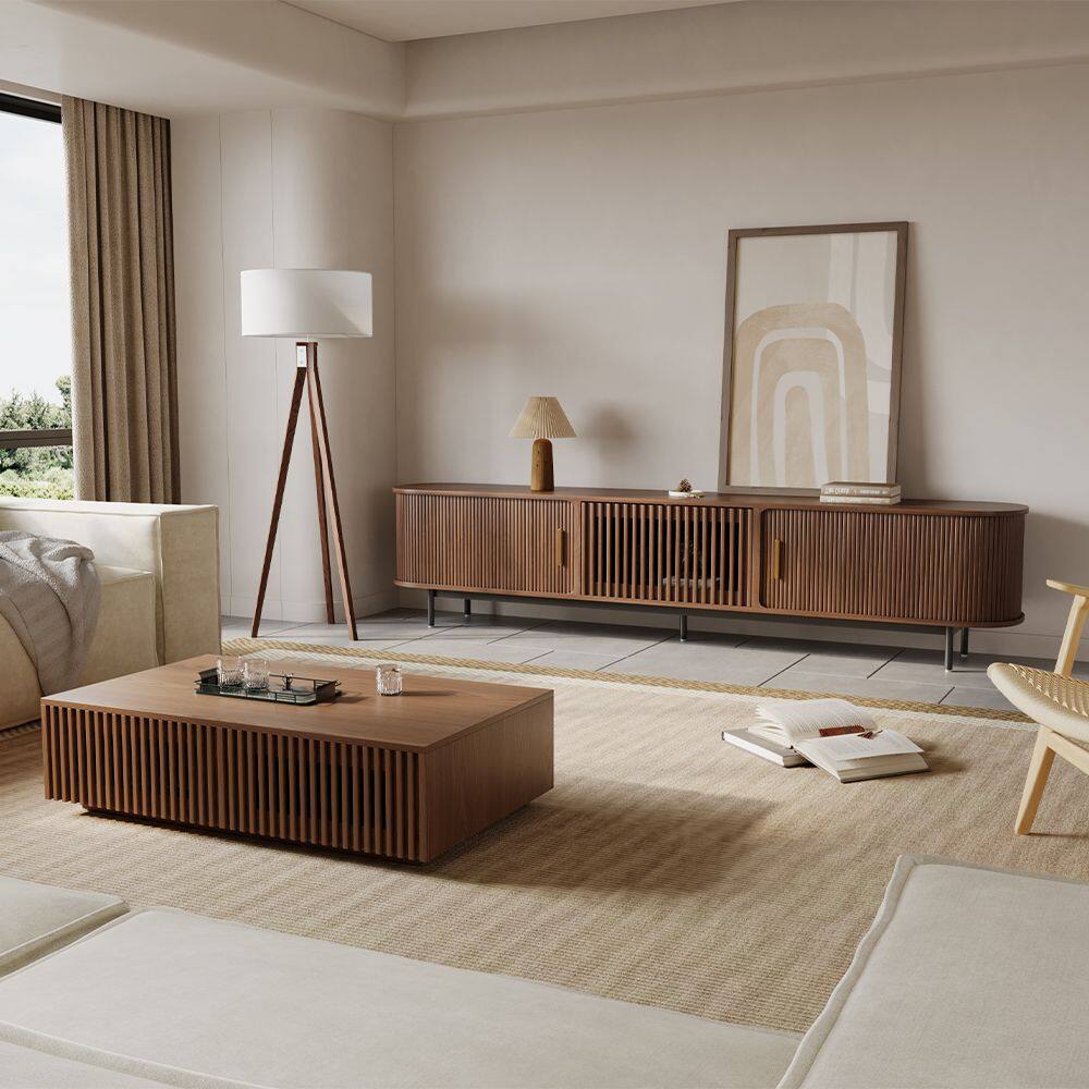 Back. POVISON - 94"Mid-Century Modern Tambour Door TV Stand ,Walnut - Walnut.