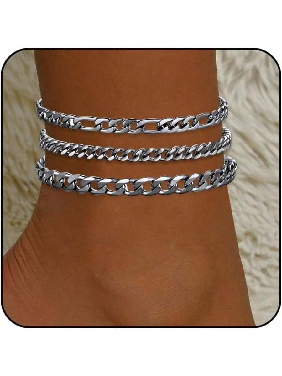Front. Live At Space - Silver Ankle Bracelets Women Waterproof Stainless Steel Anklet Adjustable Layered Cuban Anklets Set Summer Beach Foot.