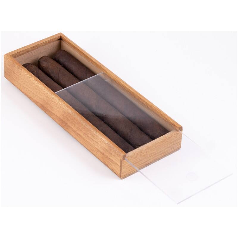 Left. Prestige - 3 Cigar Promotional Box with Slide Top - Clear Finish.