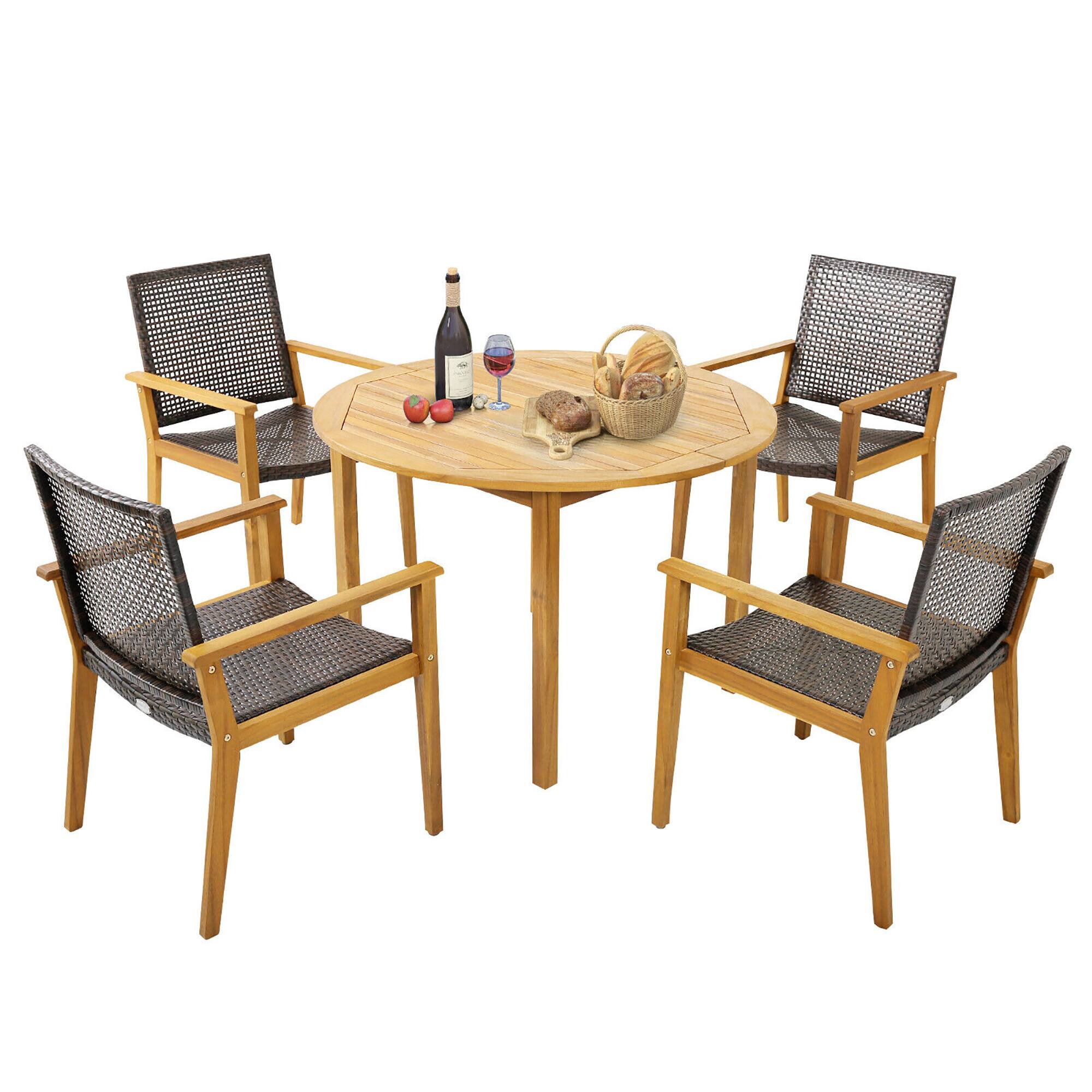 Gymax - 5 PCS Patio Dining Set Round Acacia Wood Table 4 Wicker Armchairs Outdoor Garden - Natural, Mix Brown