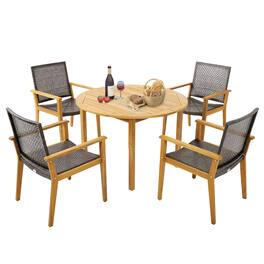 Gymax - 5 PCS Patio Dining Set Round Acacia Wood Table 4 Wicker Armchairs Outdoor Garden - Natural, Mix Brown