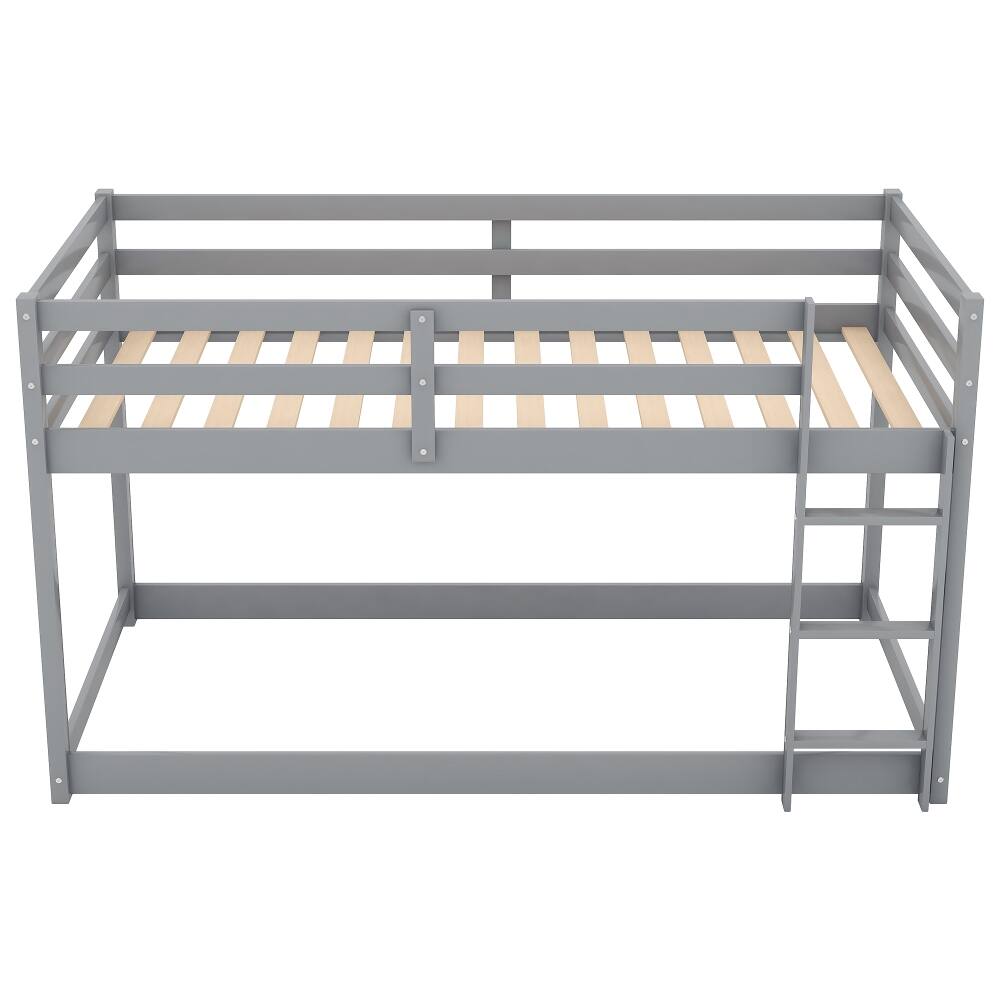 Alt View 3. Loheer - Loheer Twin Over Twin Floor Bunk Bed, Gray Solid Wood Low Bunk Bed with Ladder - Gray.