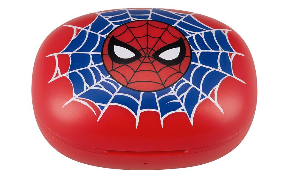 Angle. eKids - eKids Spiderman Wireless Earbuds for Kids, Bluetooth Earbuds with Charging Case - Red.