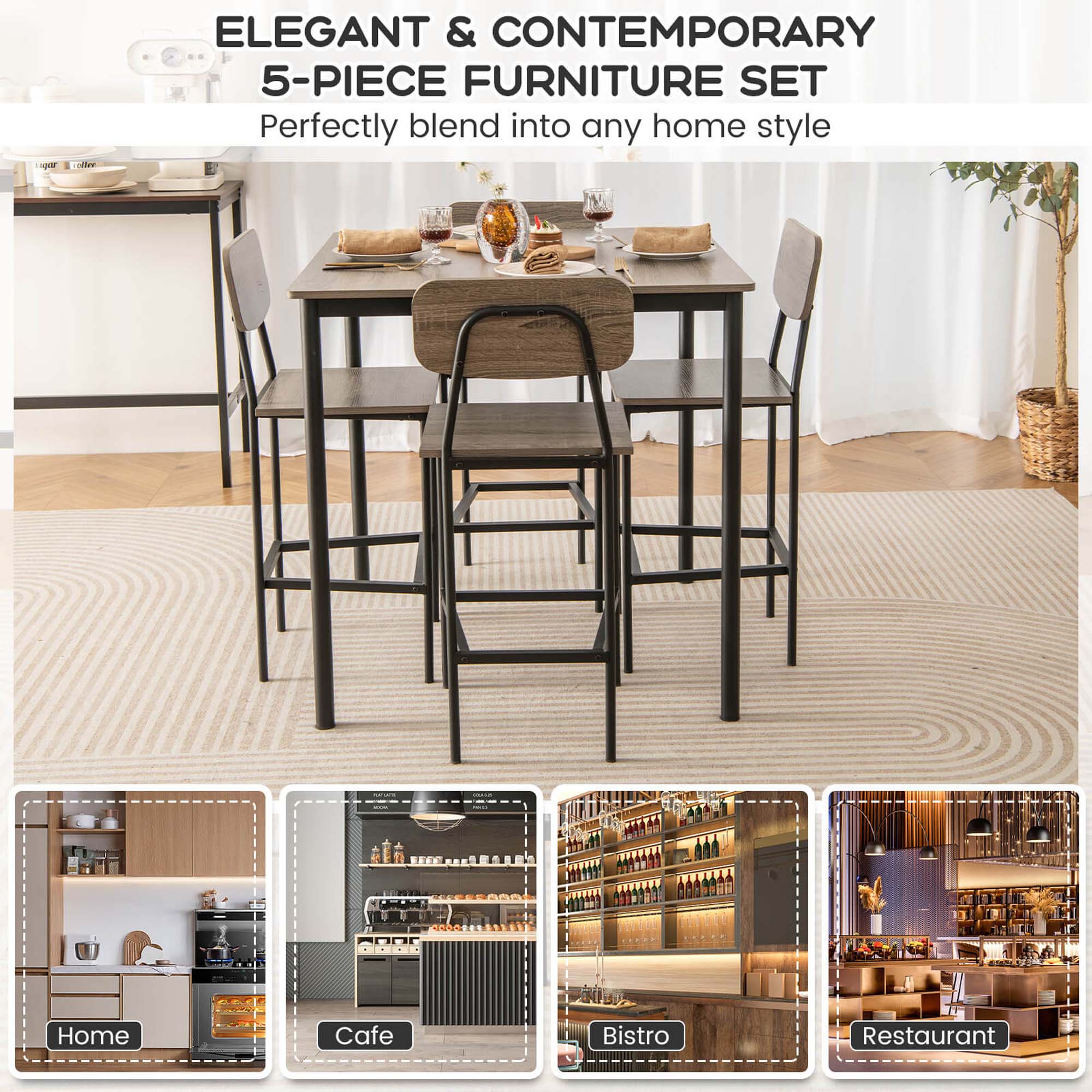 ELEGANT & CONTEMPORARY 5-PIECE FURNITURE SET Perfectly blend into any home style Home Cafe Bistro Restaurant