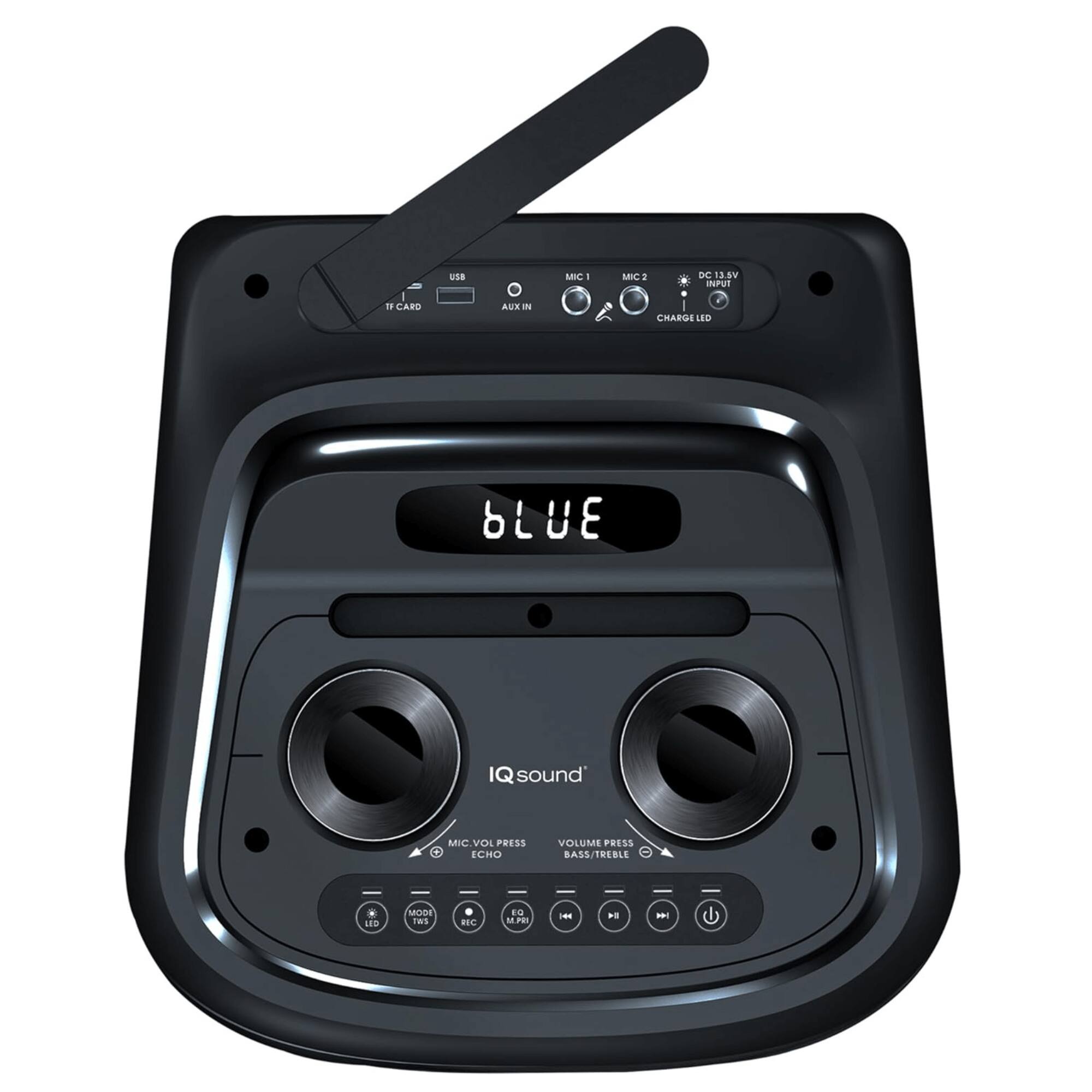 Sure, here is the corrected and grouped text from the image:

- **Top Section:**
  - MIC 1
  - MIC 2
  - DC 12V INPUT
  - CHARGE LED
  - USB
  - TF CARD
  - AUX IN

- **Display:**
  - BLUE

- **Middle Section:**
  - IQ sound

- **Bottom Section:**
  - MIC VOL PRESS ECHO
  - VOLUME PRESS BASS/TREBLE
  - LED MODI
  - RC
  - MP
  - FN

- **Buttons (from left to right):**
  - LED
  - MODI
  - ECO
  - BASS/TREBLE